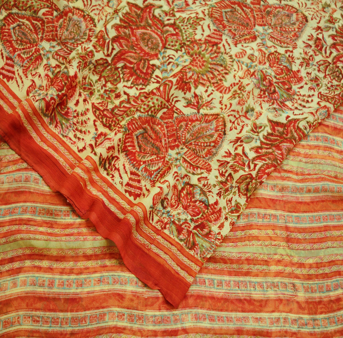 Women Vintage Sari Beige & red Pure Chiffon Silk Block Printed Saree Craft Fabric Sewing 5Yard Soft Light Sari Dress Making