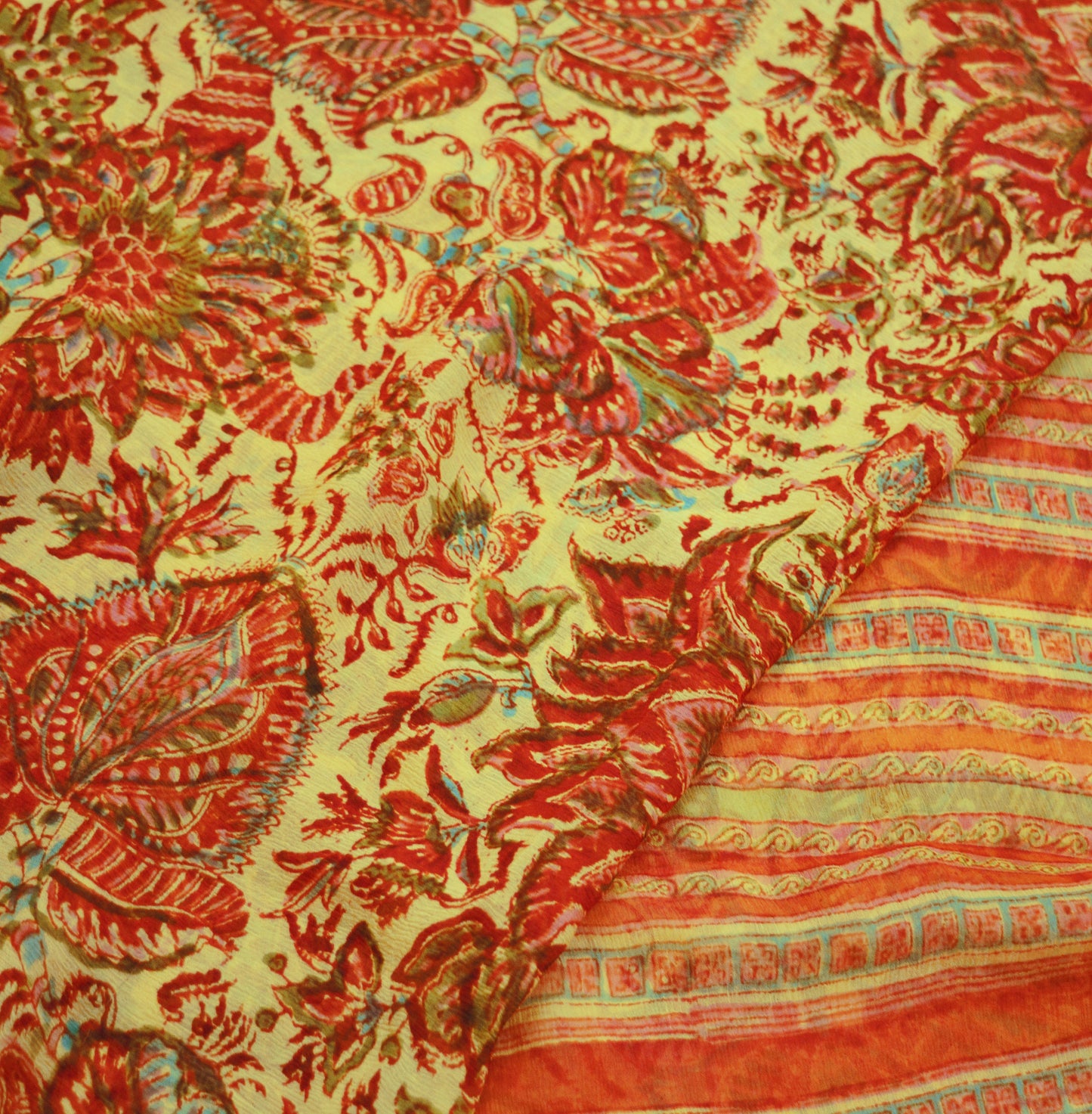 Women Vintage Sari Beige & red Pure Chiffon Silk Block Printed Saree Craft Fabric Sewing 5Yard Soft Light Sari Dress Making