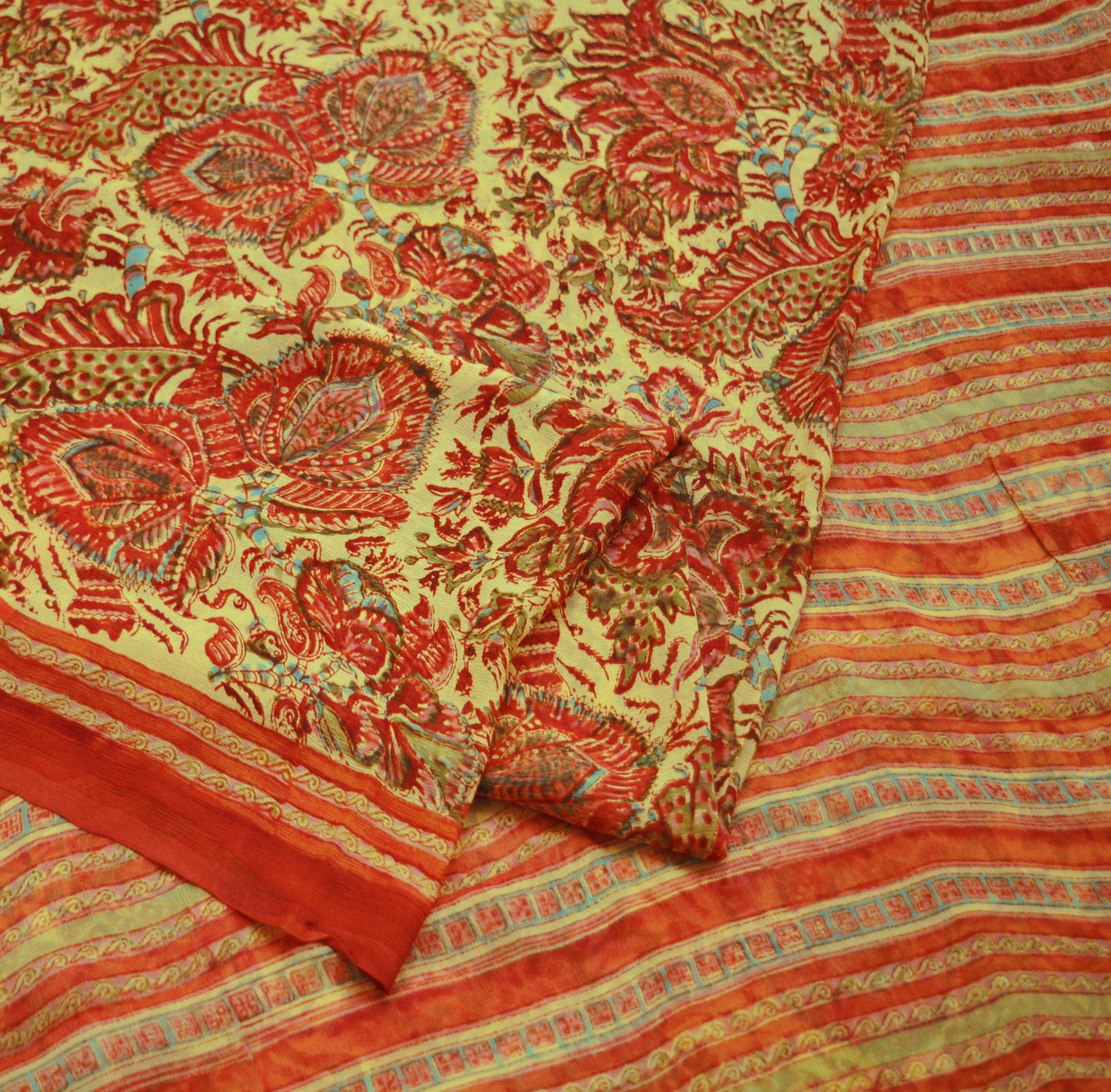 Women Vintage Sari Beige & red Pure Chiffon Silk Block Printed Saree Craft Fabric Sewing 5Yard Soft Light Sari Dress Making