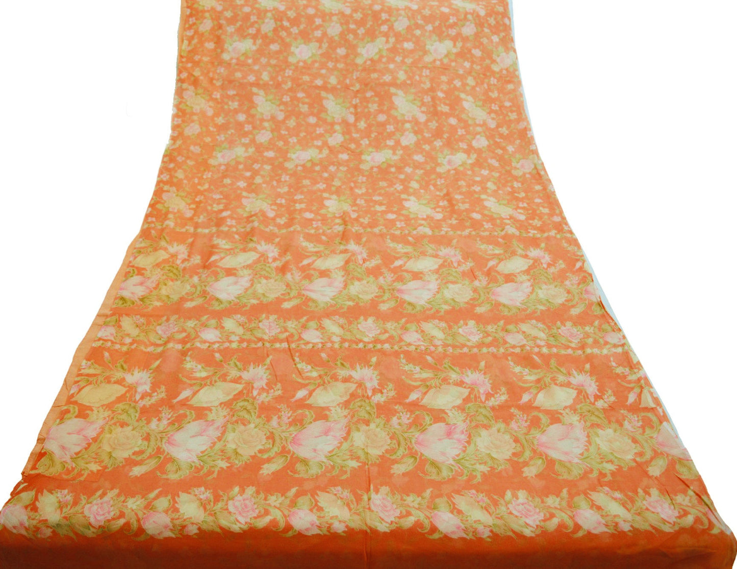 Women Vintage Sari Orange Pure Chiffon Silk Printed Saree Craft Fabric Sewing 5Yard Soft Light Sari Dress Making Floral