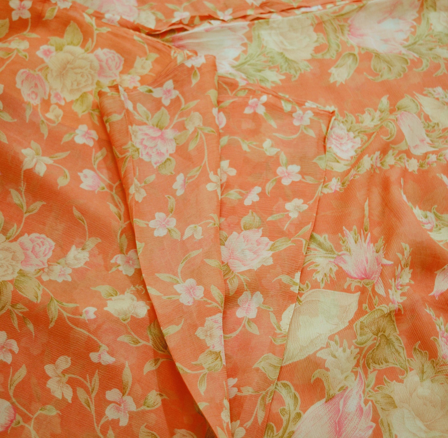 Women Vintage Sari Orange Pure Chiffon Silk Printed Saree Craft Fabric Sewing 5Yard Soft Light Sari Dress Making Floral
