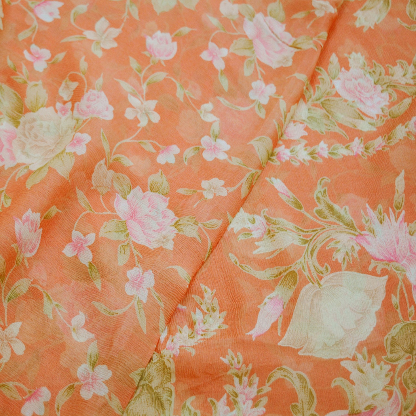 Women Vintage Sari Orange Pure Chiffon Silk Printed Saree Craft Fabric Sewing 5Yard Soft Light Sari Dress Making Floral