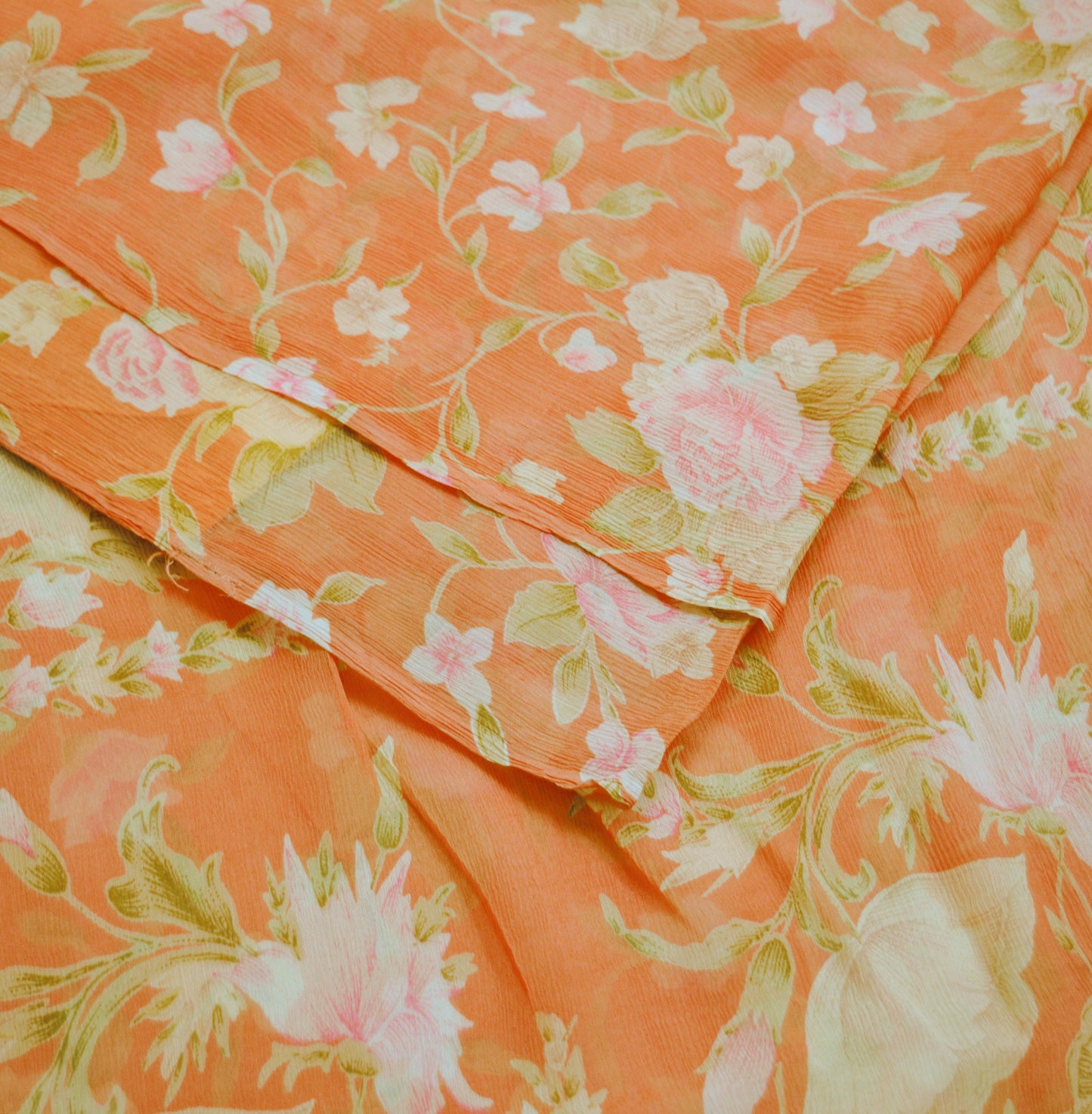 Women Vintage Sari Orange Pure Chiffon Silk Printed Saree Craft Fabric Sewing 5Yard Soft Light Sari Dress Making Floral