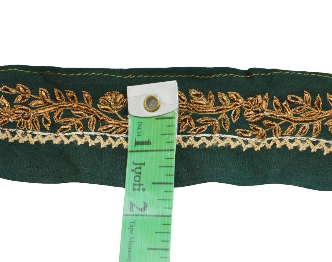 Indian Vintage Dark Bottle Green Sari Border Hand Embroidered Indian Craft Trim Lace Sewing Sari Ribbon Pure Crepe silk Zardozi/Dabka Zari