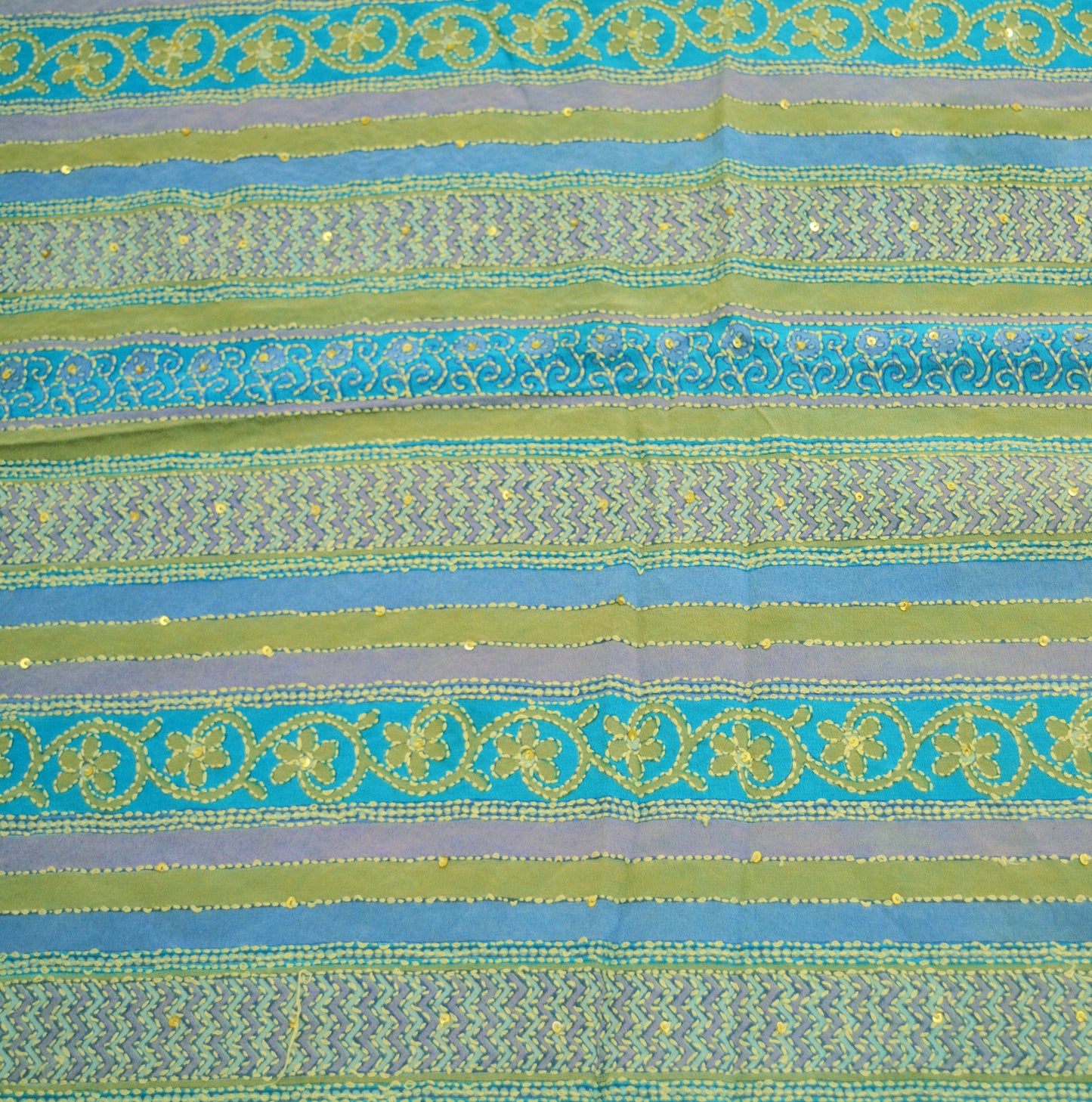 Indian Vintage Sari Blue Pure Crepe Silk Hand Embroidered Kantha Saree 5yard Sewing Floral Soft Floral