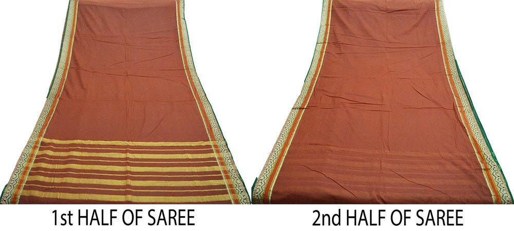 Vintage Sari Brown Pure Cotton Hand Woven Saree Golden Zari 5Yard Soft Floral Ethnic