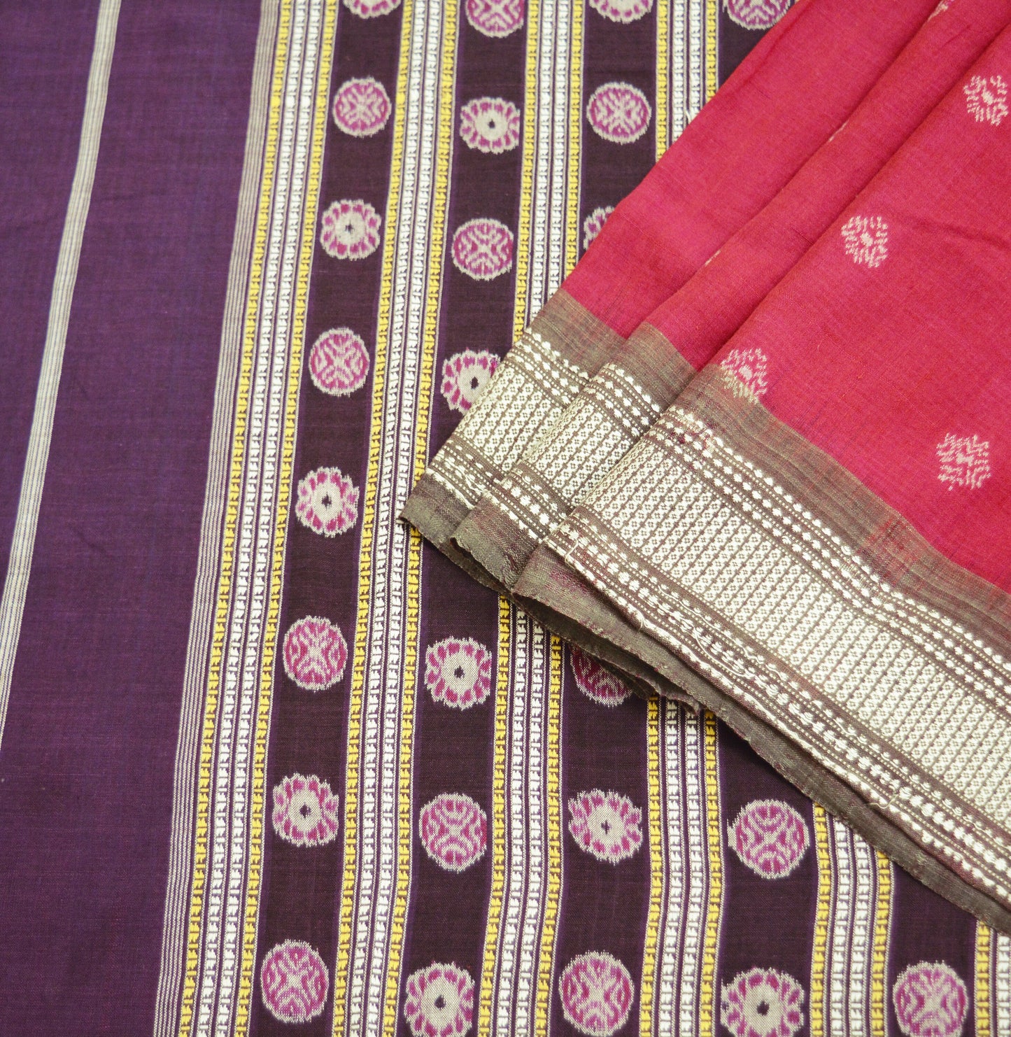 Indian Vintage Red & Purple Hand woven Sambalpuri Ikat sari Saree Pure Cotton Indian Sari Fabric 5Yard Ethnic Chackra Border