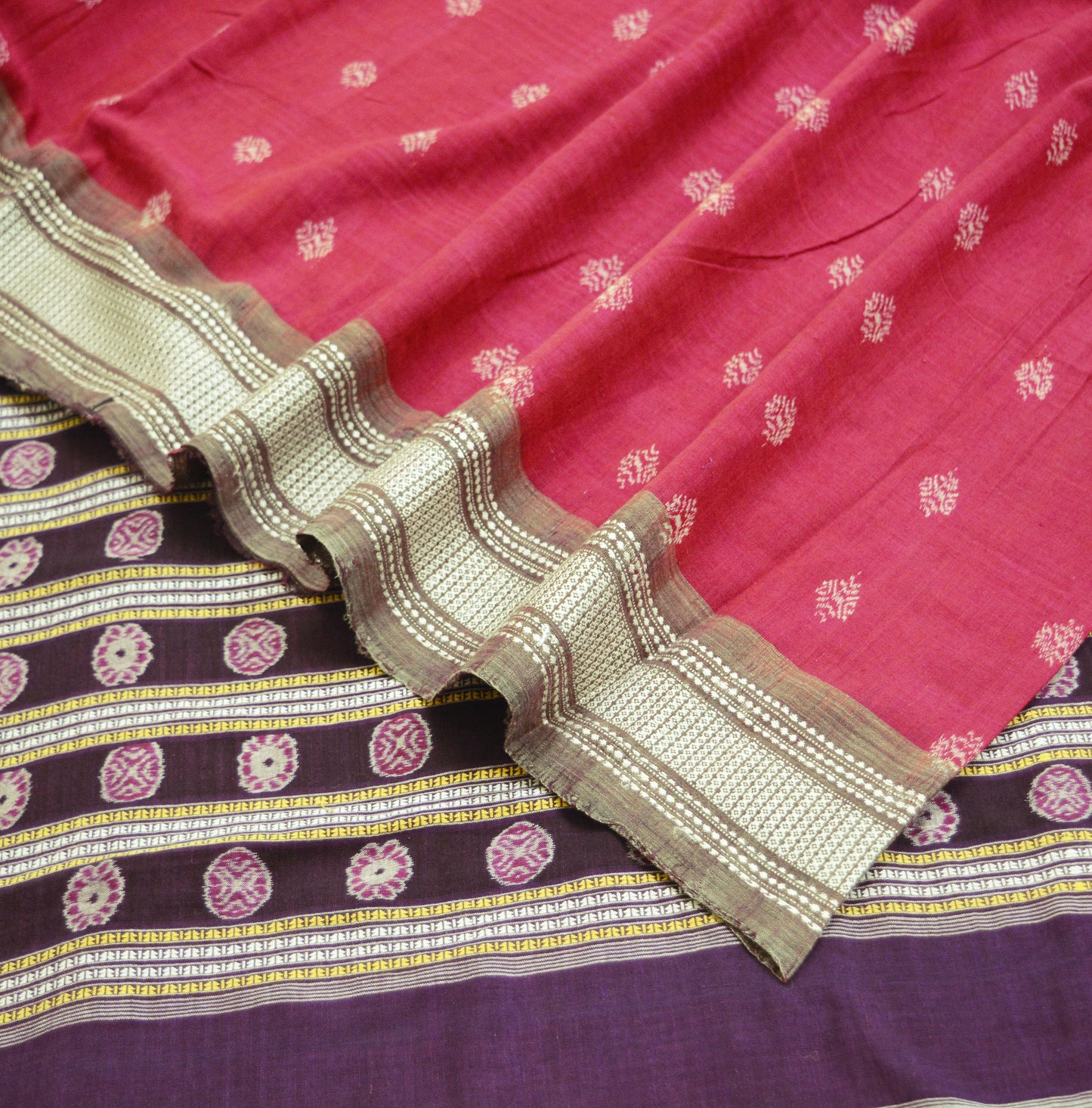 Indian Vintage Red & Purple Hand woven Sambalpuri Ikat sari Saree Pure Cotton Indian Sari Fabric 5Yard Ethnic Chackra Border