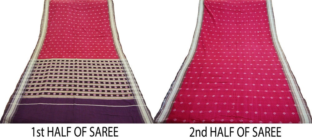 Indian Vintage Red & Purple Hand woven Sambalpuri Ikat sari Saree Pure Cotton Indian Sari Fabric 5Yard Ethnic Chackra Border