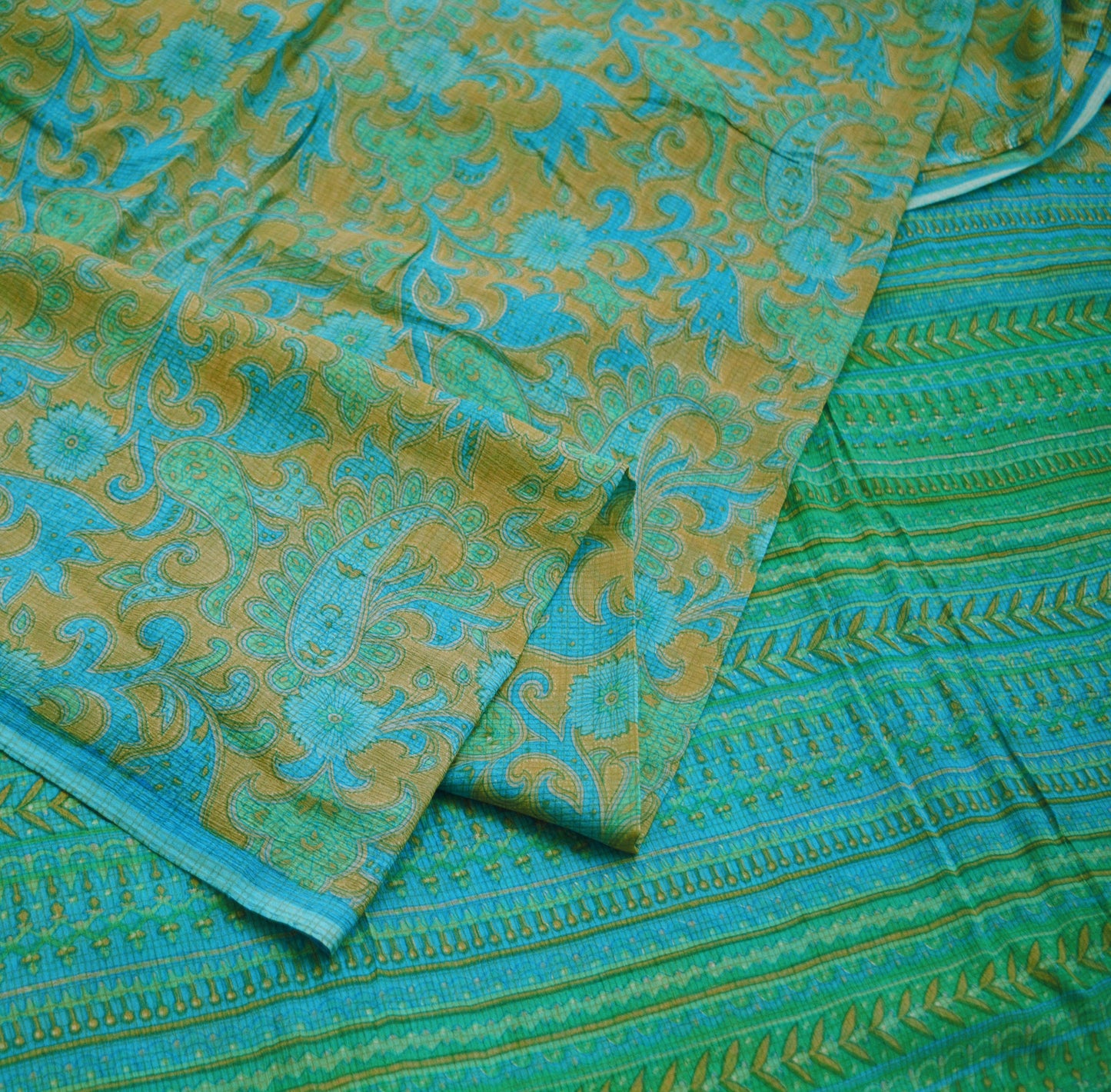 Women Vintage Sari Beige & Blue Pure Chiffon Silk Printed Saree Craft Fabric Sewing 5Yard Soft Light Dress Making Floral