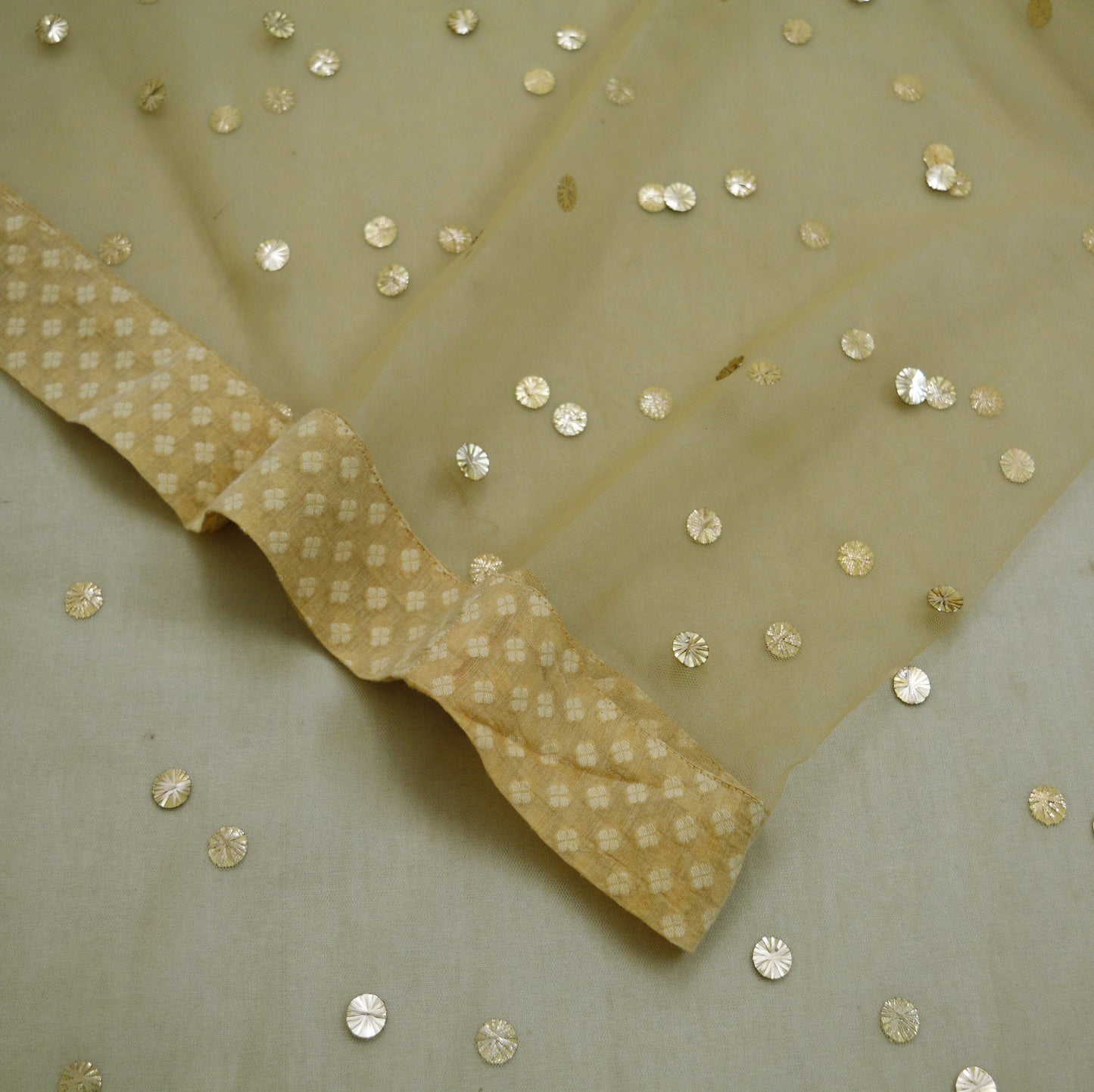 Indian Vintage Beige Dupatta Long Stole Net Mess Hand Embroidered Scarves Veil Hijab Golden Sequins