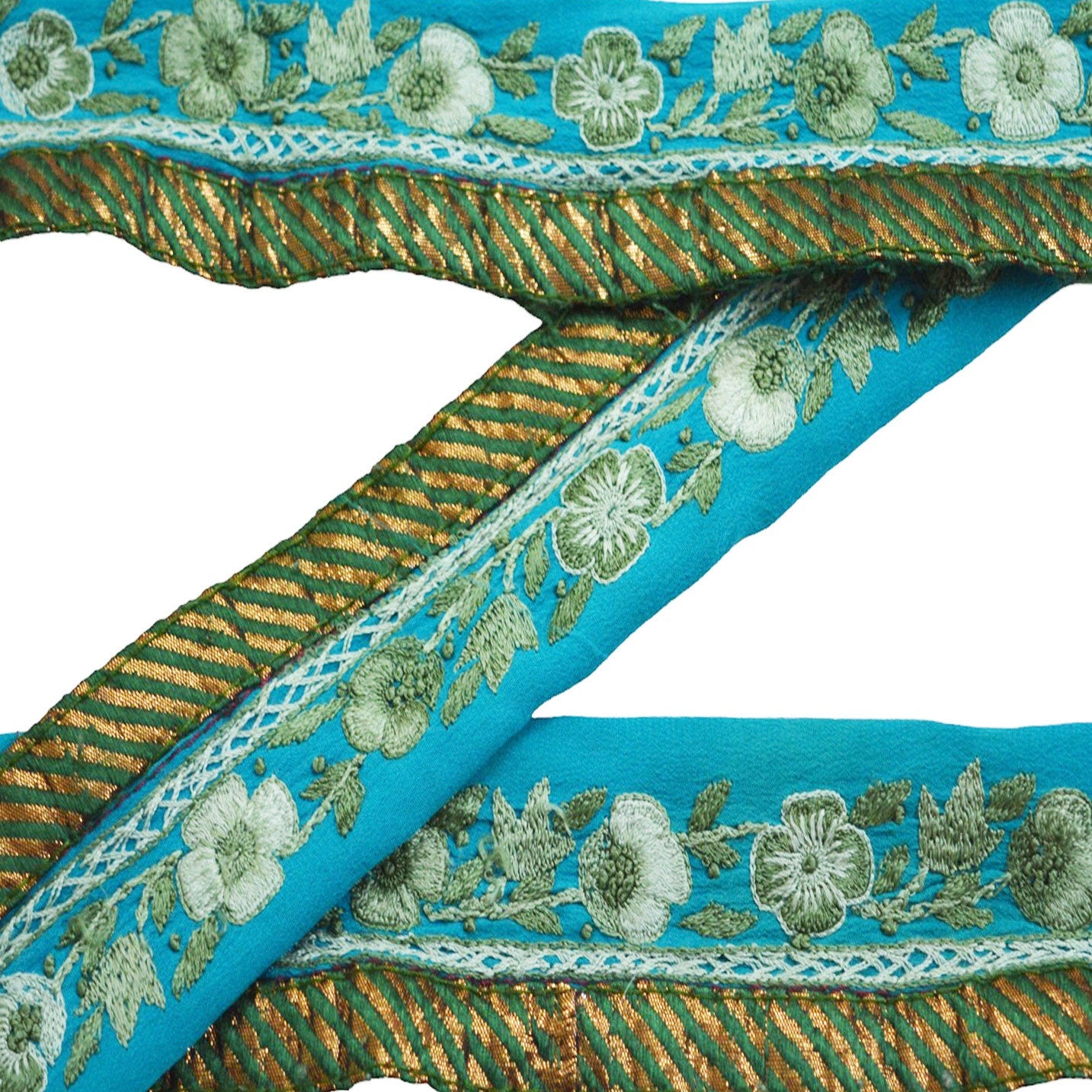 Indian Vintage Blue Saree Border Hand Embroidered Indian Craft Trim Lace Sewing Sari Ribbon Pure Crepe silk