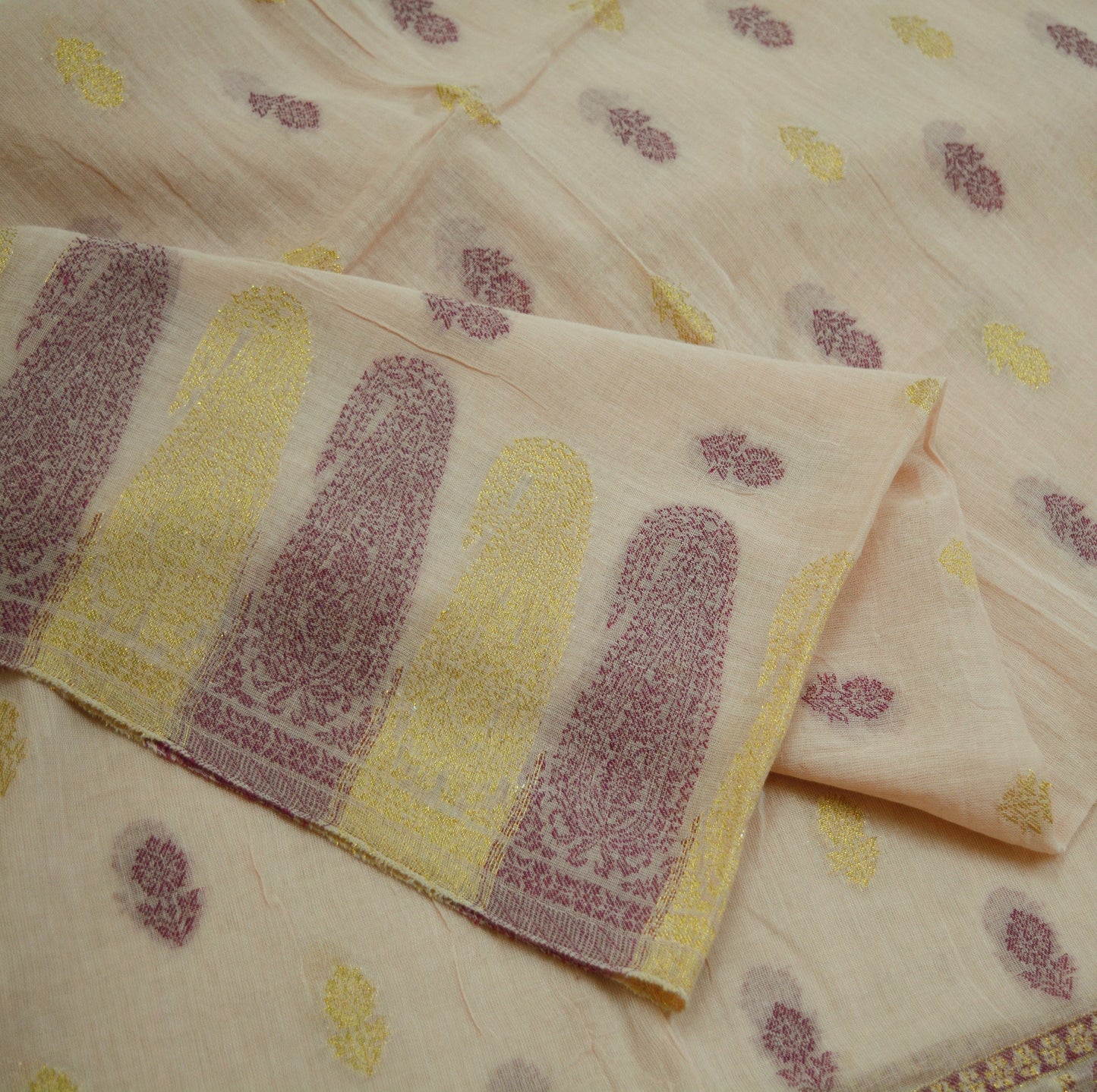 Indian Vintage Peach Dupatta Long Stole Woven Pure Cotton Indian Scarves Veil Golden Zari Soft