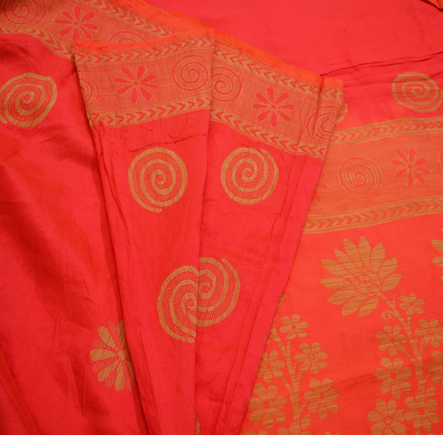 Indian Vintage Sari Red & Orange Pure Silk Hand Woven Saree Fabric 5Yard Sewing Ethnic Floral