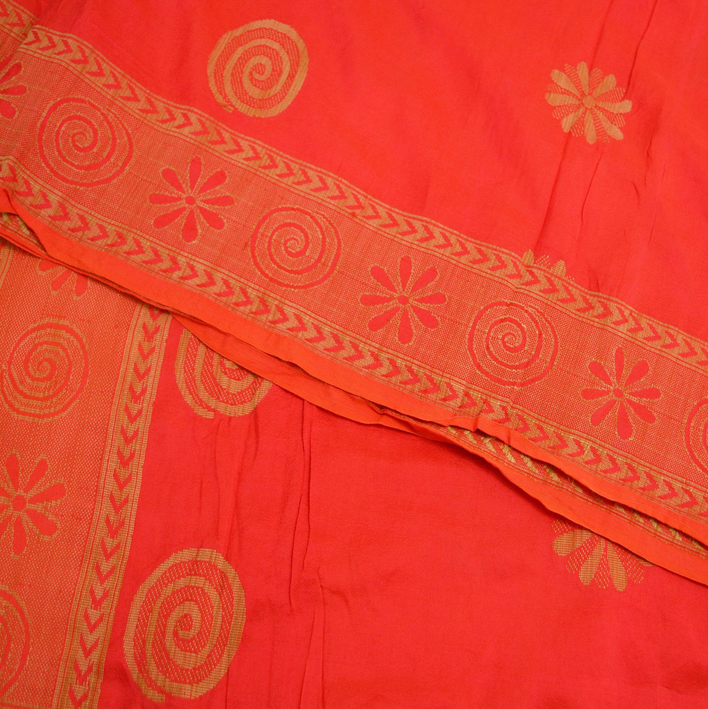 Indian Vintage Sari Red & Orange Pure Silk Hand Woven Saree Fabric 5Yard Sewing Ethnic Floral
