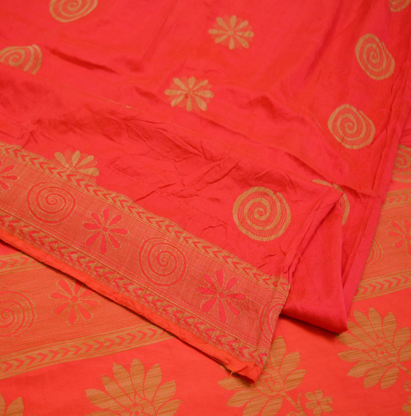 Indian Vintage Sari Red & Orange Pure Silk Hand Woven Saree Fabric 5Yard Sewing Ethnic Floral