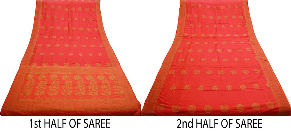 Indian Vintage Sari Red & Orange Pure Silk Hand Woven Saree Fabric 5Yard Sewing Ethnic Floral