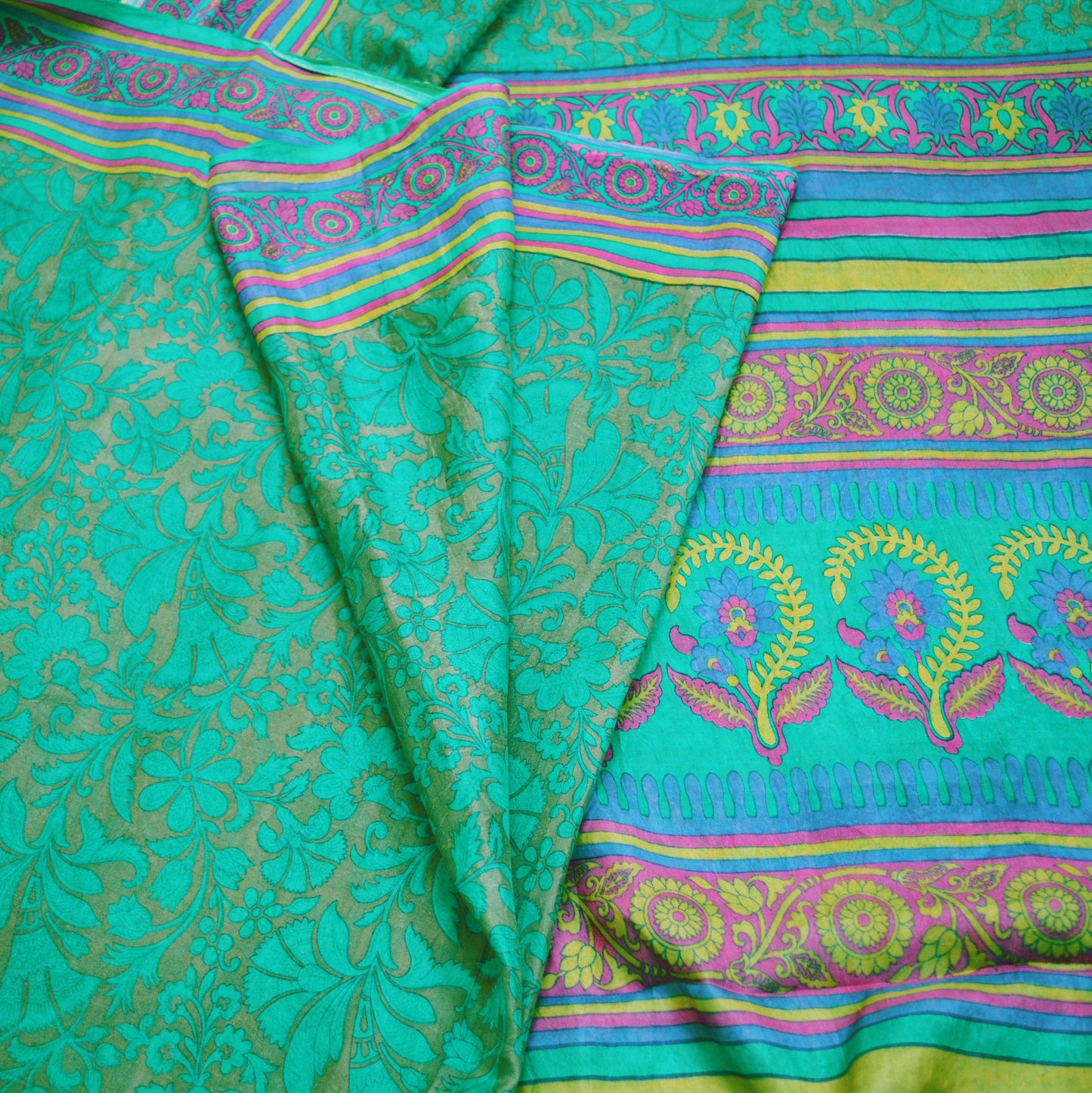 Indian Vintage Sari Green Pure Silk Printed Saree Fabric 5yd Sewing Craft DressMaking Soft Floral Design