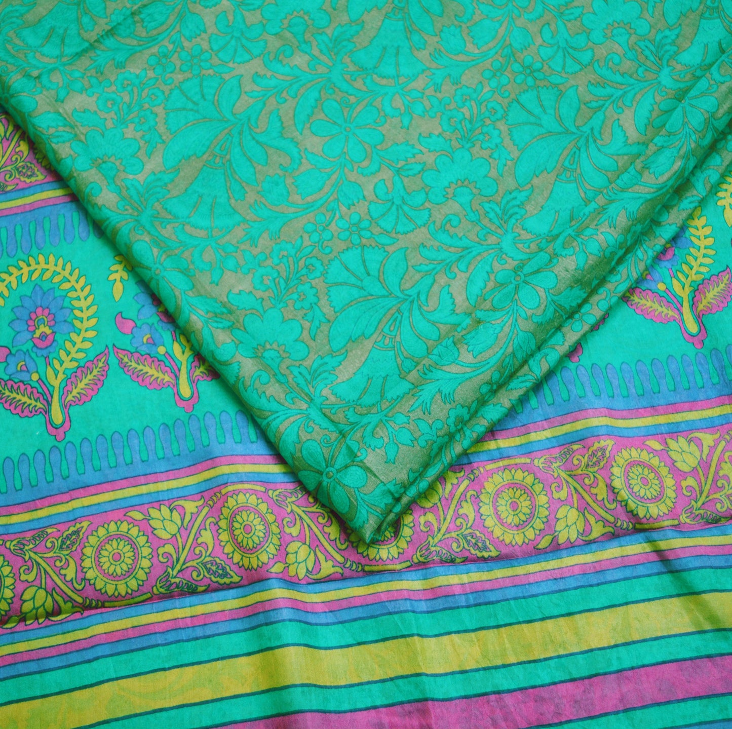 Indian Vintage Sari Green Pure Silk Printed Saree Fabric 5yd Sewing Craft DressMaking Soft Floral Design