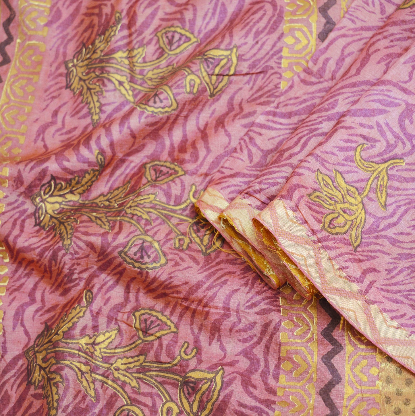 Indian Vintage Sari Pink Pure Tussar Silk Hand Woven/Hand Painted Sarees Fabric 5Yard Sewing Ethnic