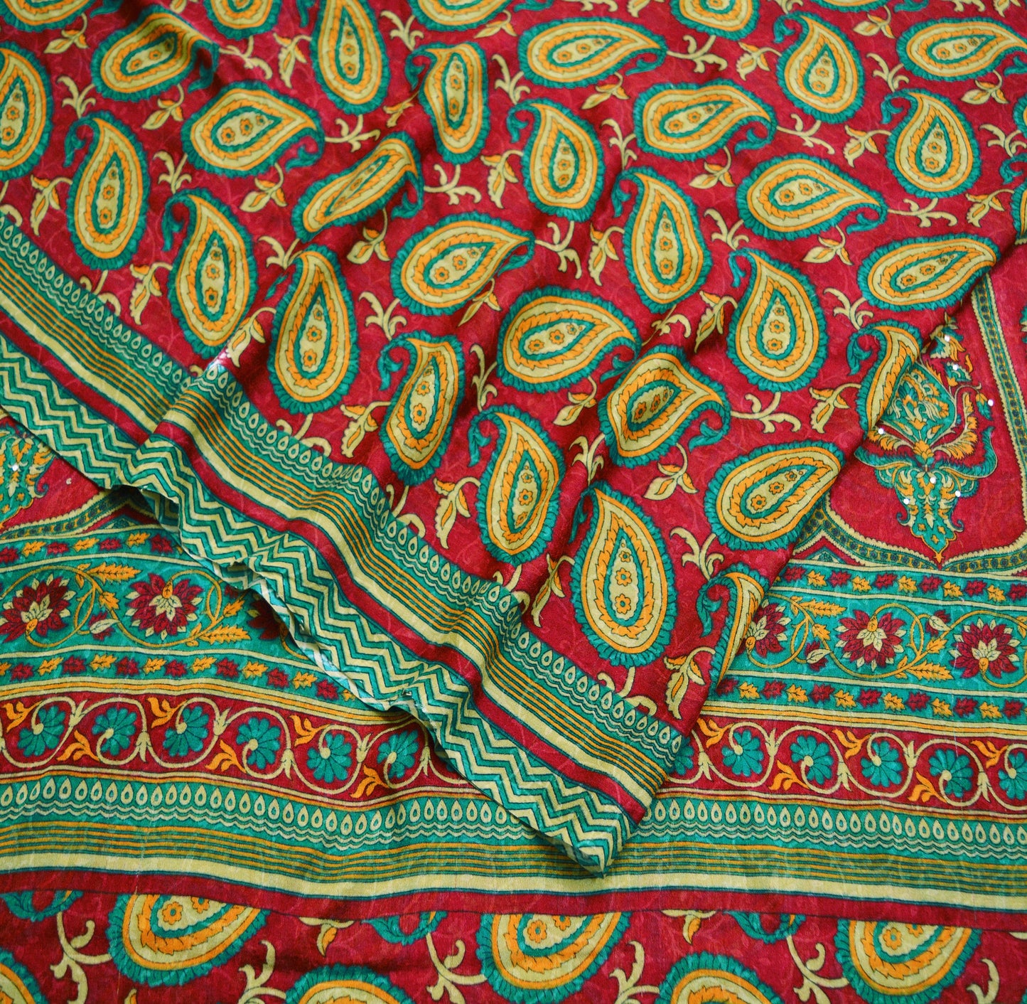 Indian Women Vintage Sari Red Georgette Printed Saree Sewing 5yard Soft Craft Floral Design Wrap Boho