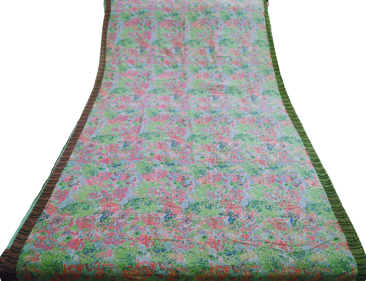 Indian Women Vintage Sari Pink & Green Pure Georgette Silk Printed Saree Sewing 5yard Soft Craft Abstract Design Wrap Boho