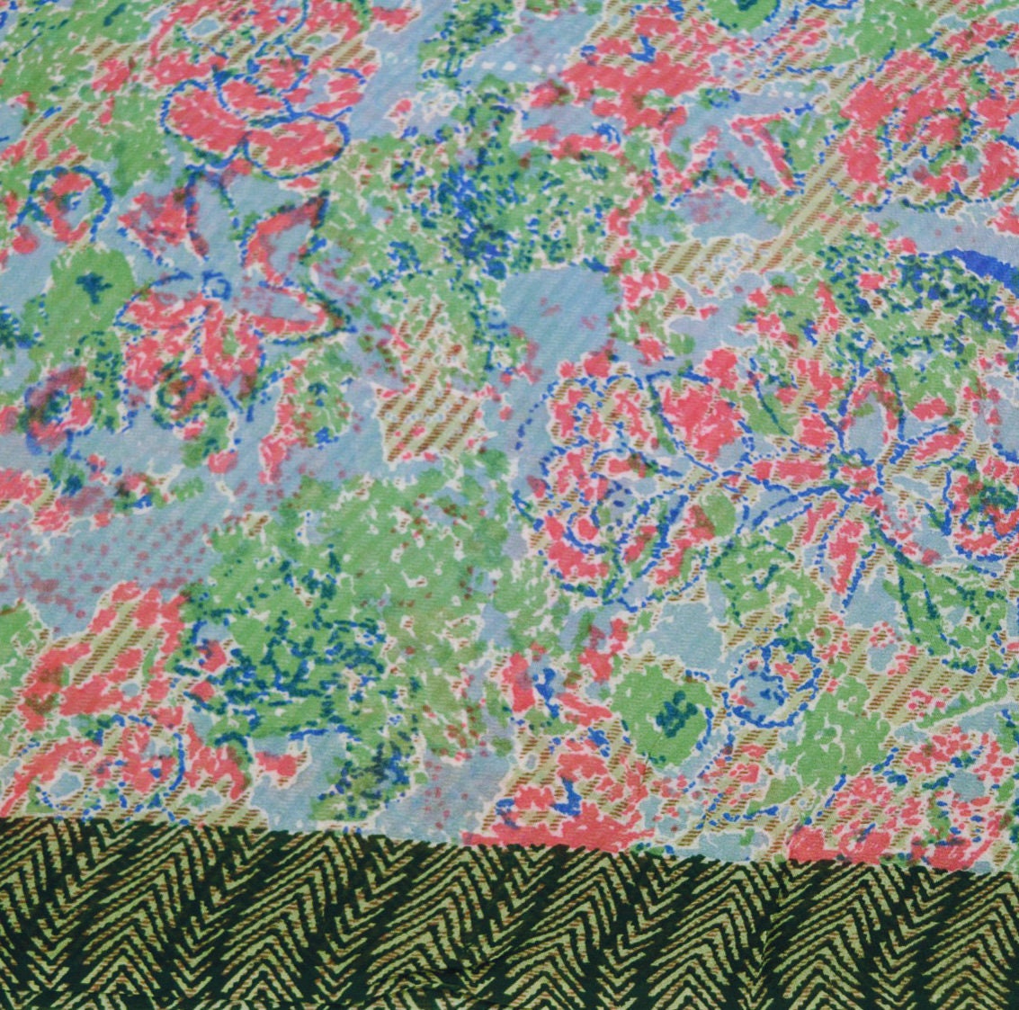 Indian Women Vintage Sari Pink & Green Pure Georgette Silk Printed Saree Sewing 5yard Soft Craft Abstract Design Wrap Boho