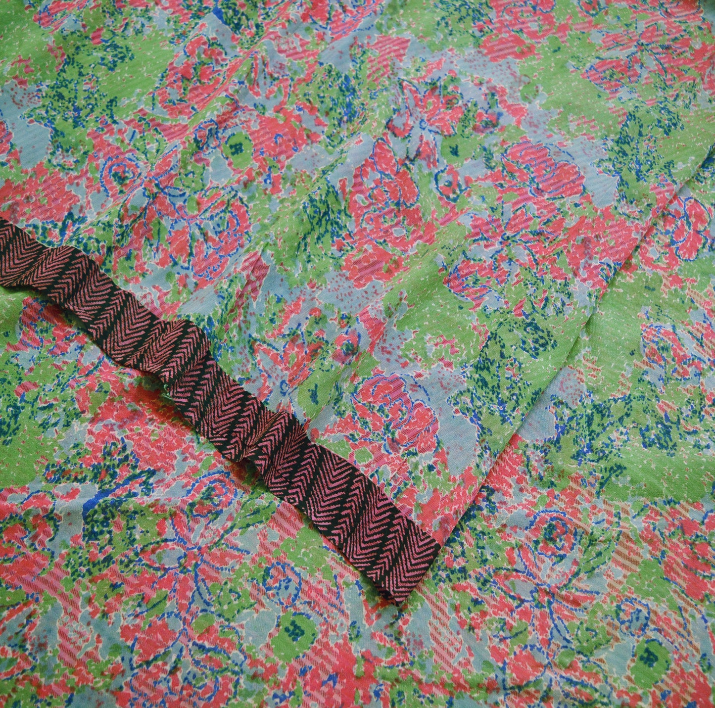 Indian Women Vintage Sari Pink & Green Pure Georgette Silk Printed Saree Sewing 5yard Soft Craft Abstract Design Wrap Boho