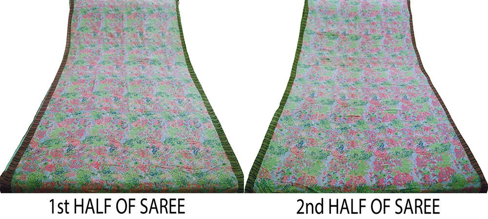 Indian Women Vintage Sari Pink & Green Pure Georgette Silk Printed Saree Sewing 5yard Soft Craft Abstract Design Wrap Boho