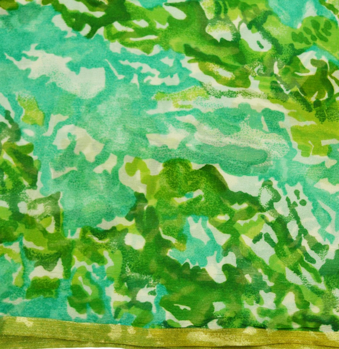 Indian Women Vintage Sari White & Green Blend Chiffon Printed Saree Sewing 5yard Soft Craft Floral Design Wrap Boho Zari