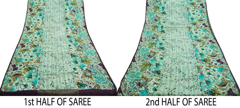 Indian Vintage Sari White & Green Pure Silk Block Printed Saree Fabric 6yard Sewing Craft DressMaking Paisley
