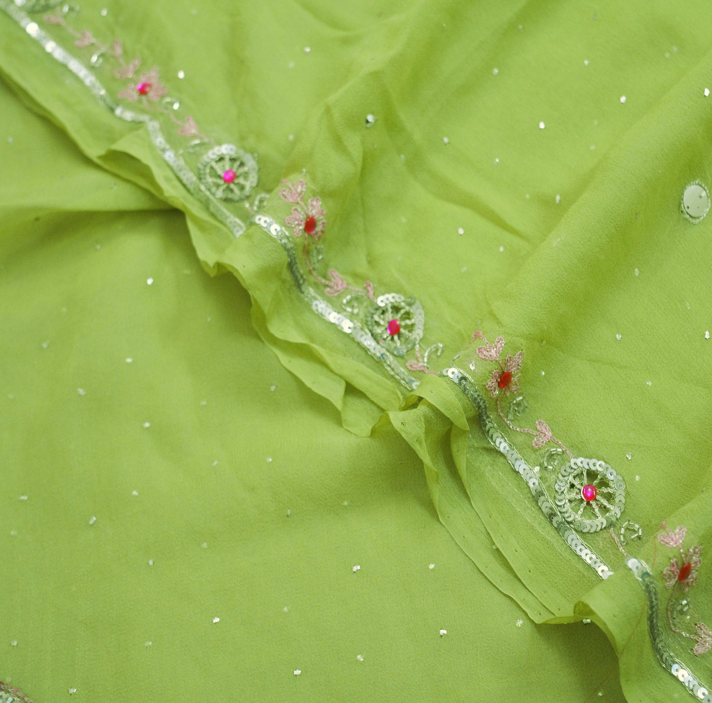 Indian Vintage Green Dupatta Pure Georgette silk Long Stole Hand Embroidered Mukesh work Scarves Sequins Stole Zardozi/dabka