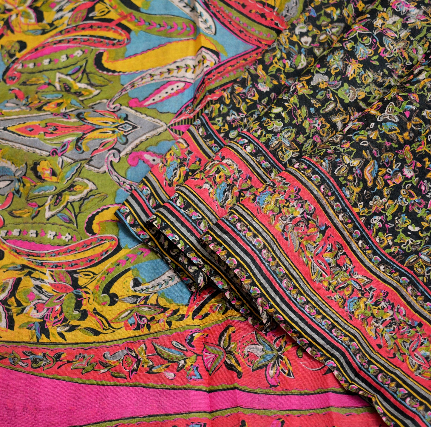 Indian Vintage Sari Black 100% Pure Silk Block Printed Saree Fabric 6yard Sewing Craft DressMaking Soft Floral
