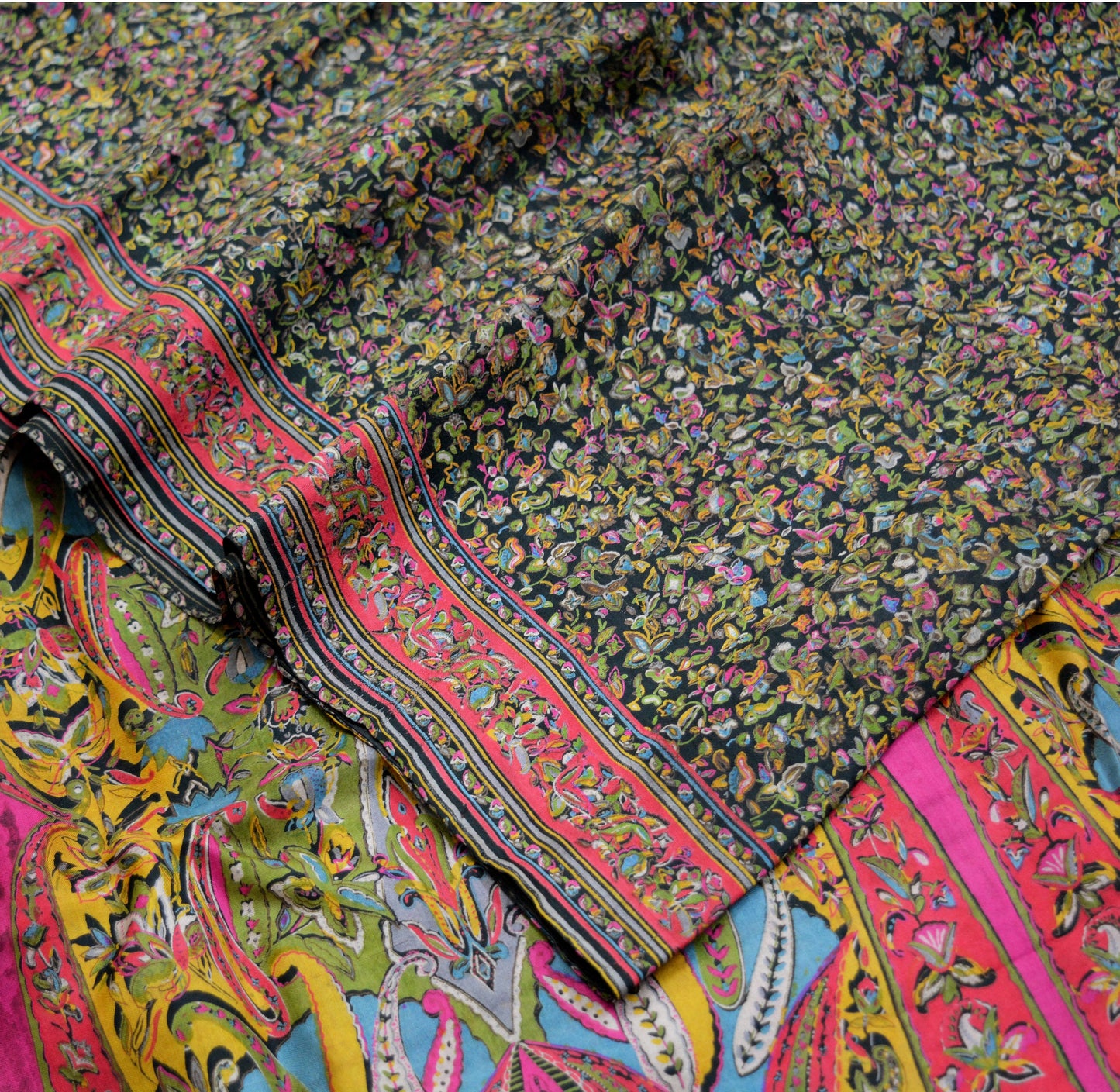 Indian Vintage Sari Black 100% Pure Silk Block Printed Saree Fabric 6yard Sewing Craft DressMaking Soft Floral