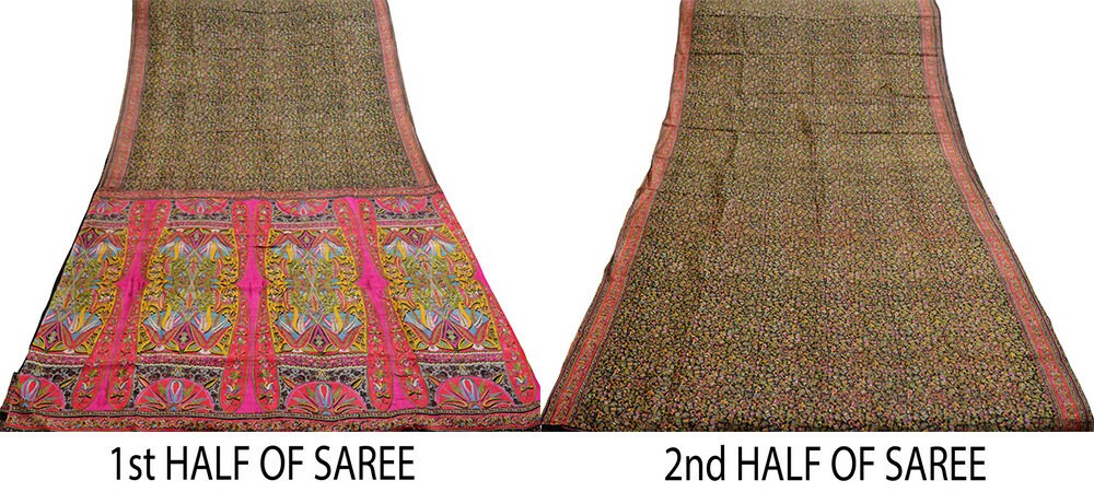 Indian Vintage Sari Black 100% Pure Silk Block Printed Saree Fabric 6yard Sewing Craft DressMaking Soft Floral