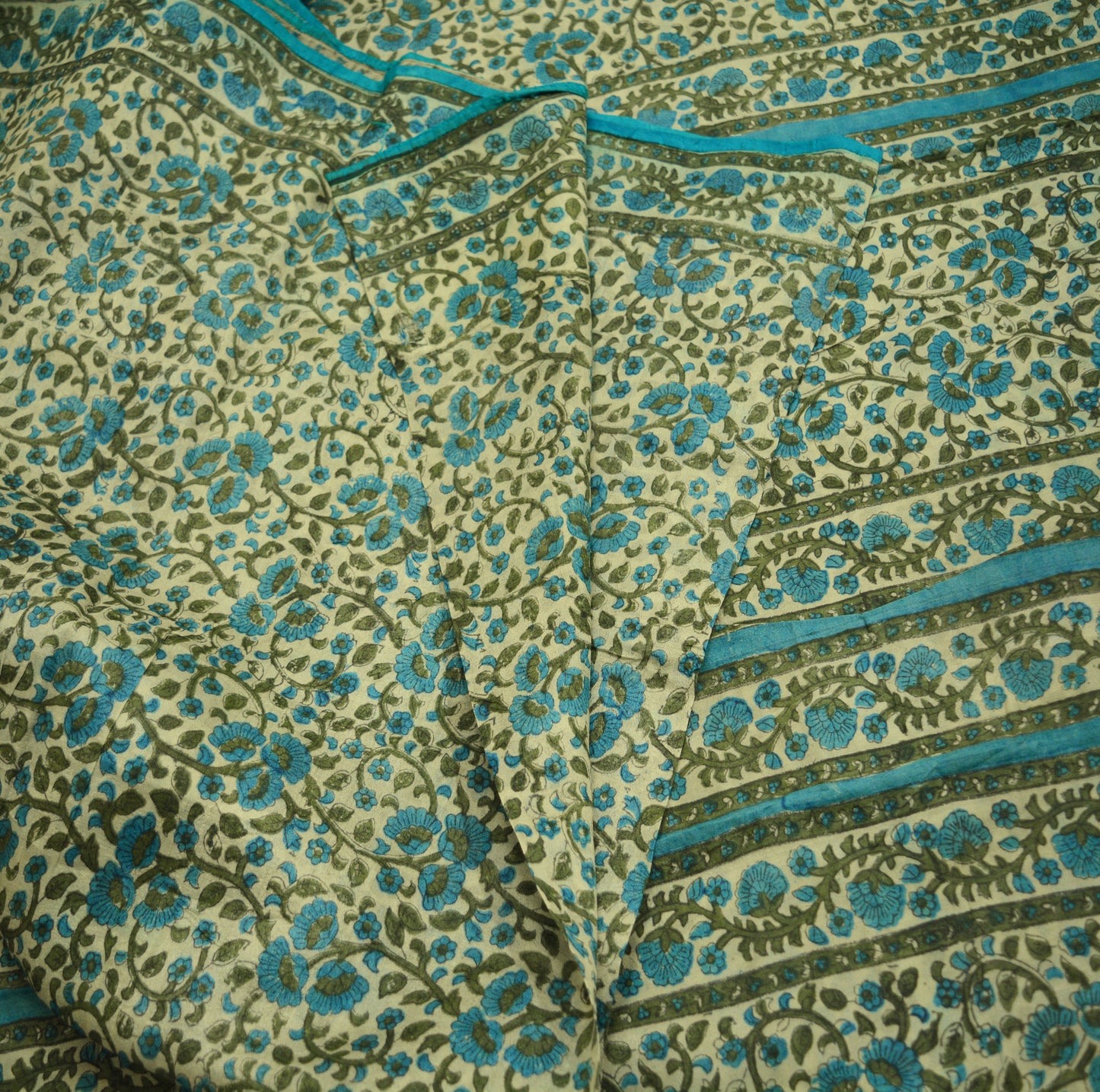 Indian Vintage Sari Cream Pure Khadi Silk Printed Saree Fabric 6yard Sewing Craft DressMaking Soft Floral