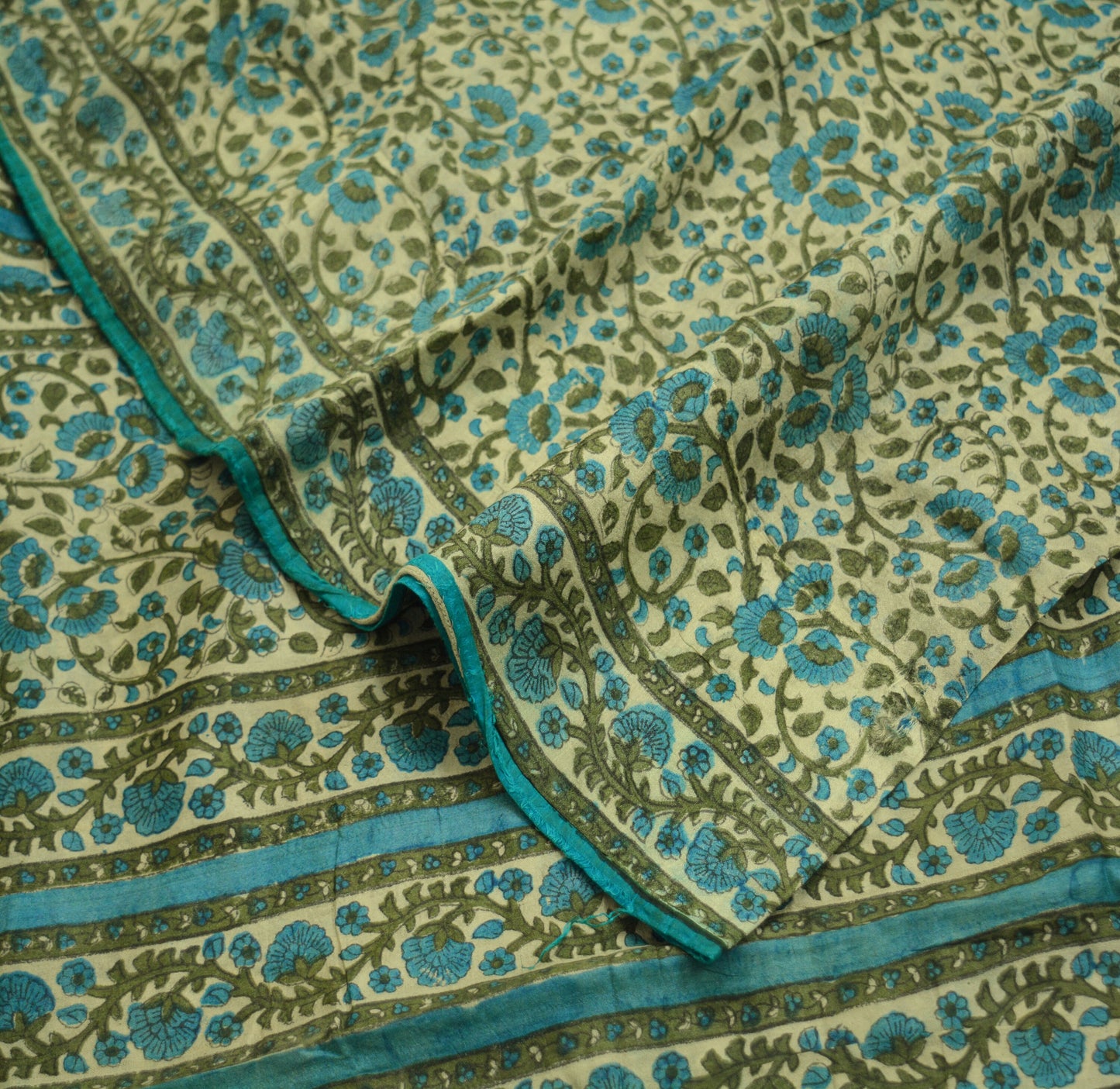Indian Vintage Sari Cream Pure Khadi Silk Printed Saree Fabric 6yard Sewing Craft DressMaking Soft Floral