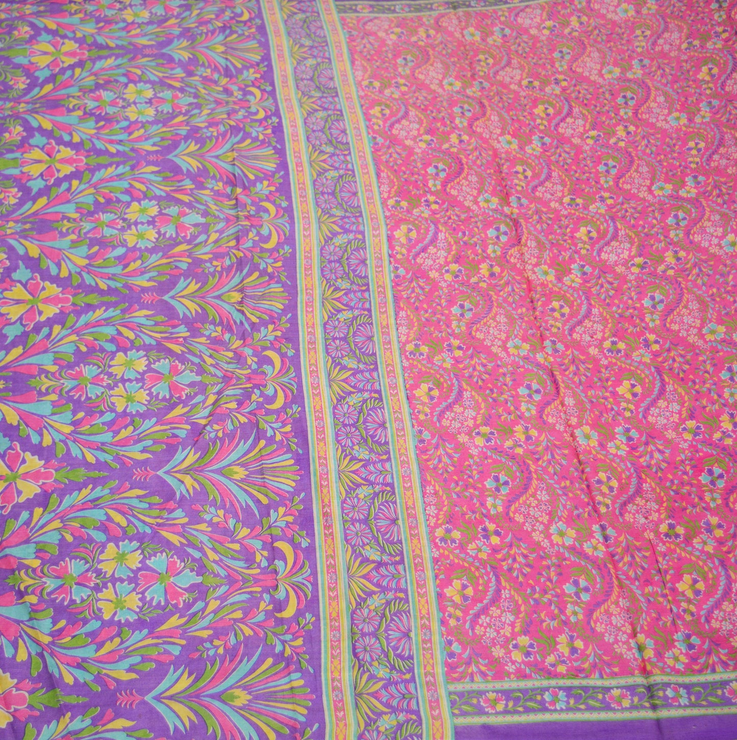 Indian Vintage Sari Purple & Pink 100% Pure Silk Printed Saree Fabric 6yard Sewing Craft DressMaking Soft Floral
