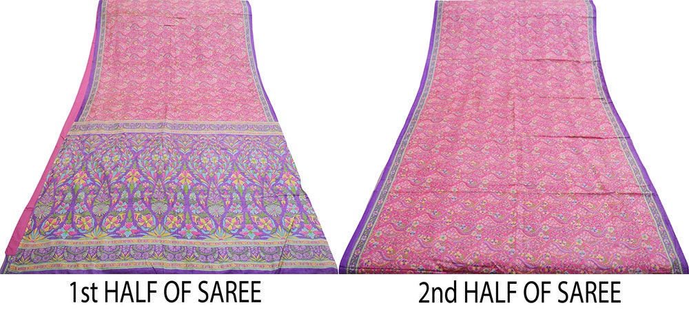 Indian Vintage Sari Purple & Pink 100% Pure Silk Printed Saree Fabric 6yard Sewing Craft DressMaking Soft Floral