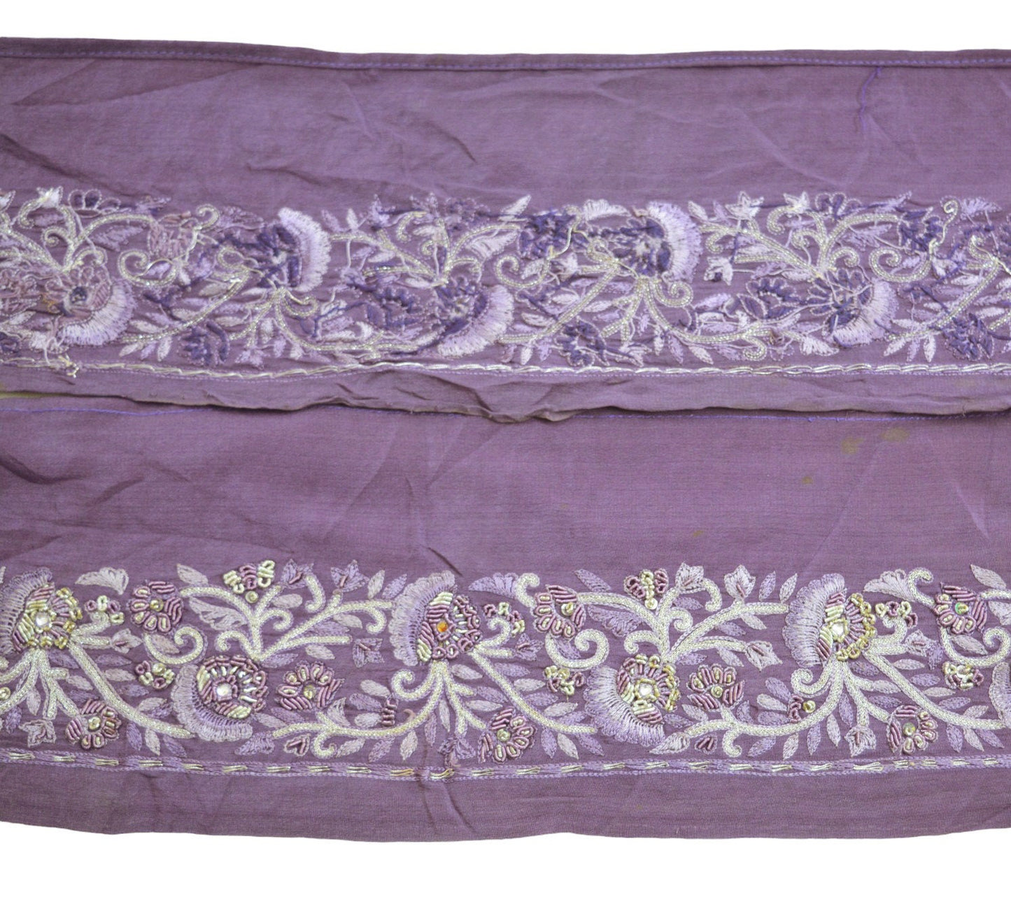 Indian Vintage Purple Sari Border Hand Embroidered Indian Craft Trim Lace Sewing Sari Ribbon Pure Crepe silk Zardozi/Dabka Zari