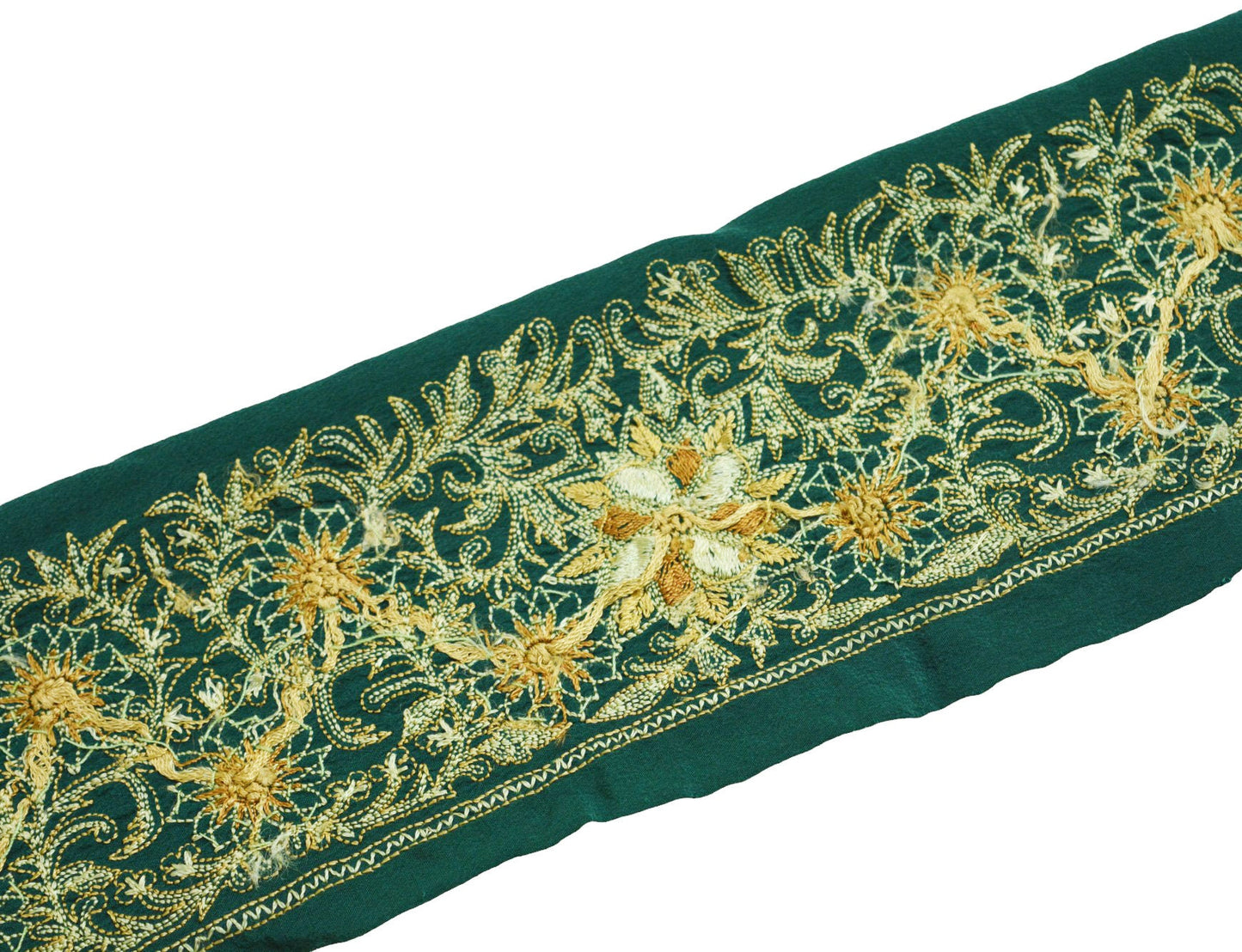 Indian Vintage Green Sari Border Hand Embroidered Indian Craft Trim Lace Sewing Sari Ribbon Pure Crepe silk Zardozi/ Dabka