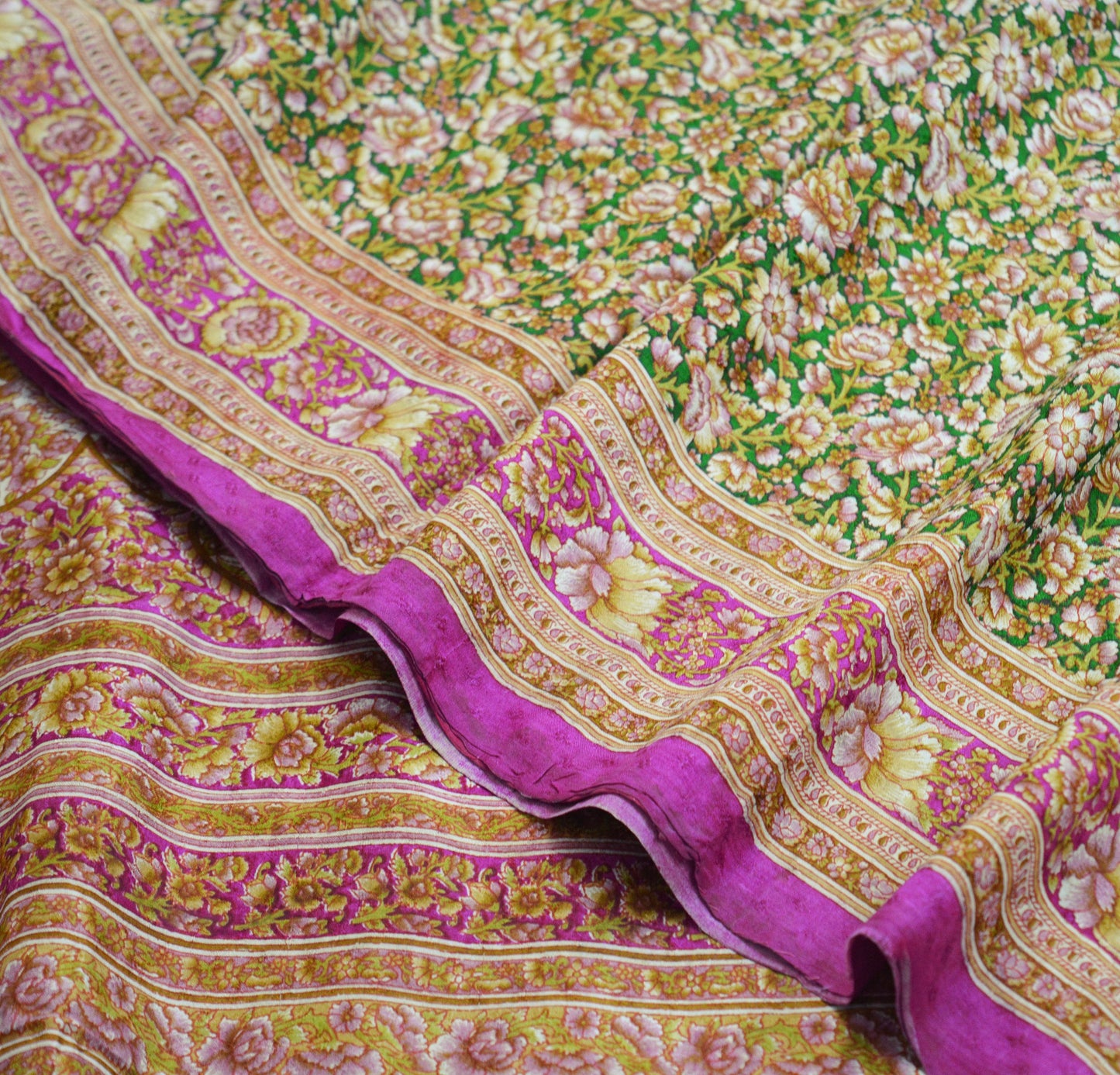 Indian Vintage Sari Pink & Green Pure Silk Printed Saree Fabric 6yd Sewing Craft DressMaking Soft Floral Ethnic