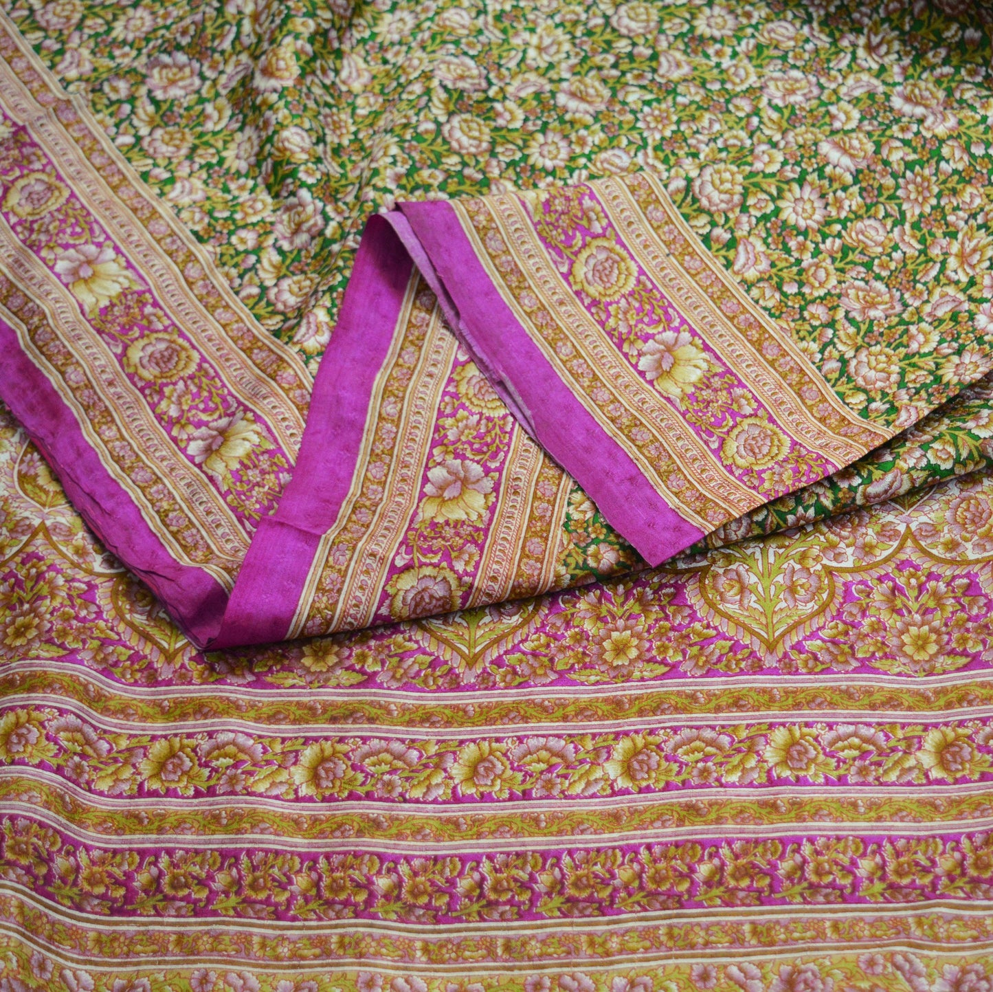 Indian Vintage Sari Pink & Green Pure Silk Printed Saree Fabric 6yd Sewing Craft DressMaking Soft Floral Ethnic