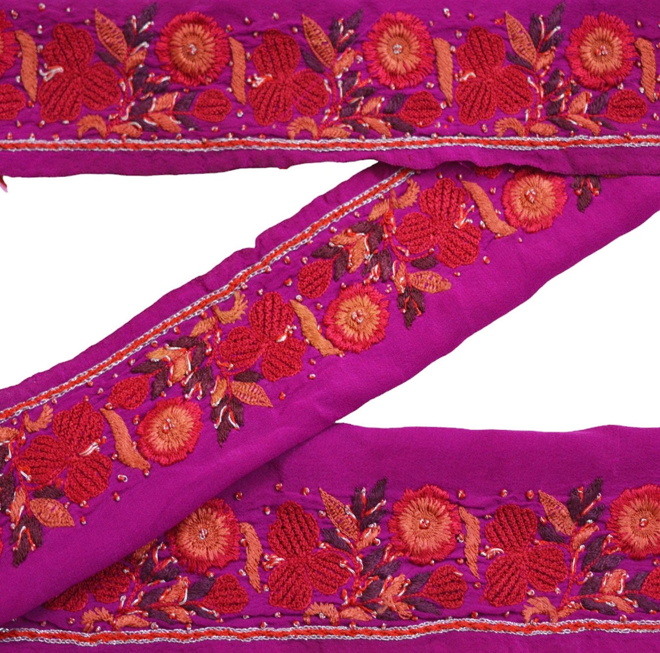 Indian Vintage Purple Saree Border Hand Embroidered Indian Craft Trim Lace Sewing Sari Ribbon Pure Crepe silk Zardozi/Dabka Zari