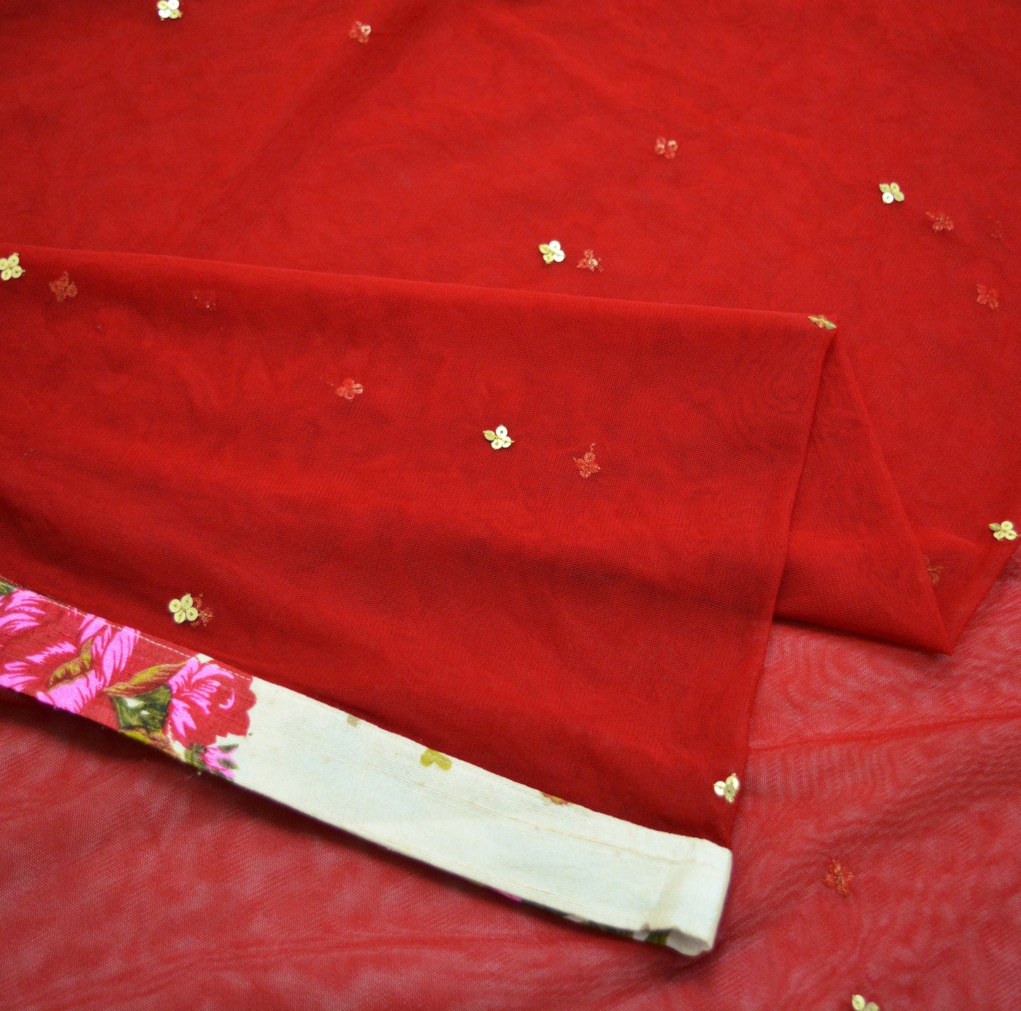 Indian Vintage Red Dupatta Net Mesh Long Stole Woven Scarves Printed border work Sequins