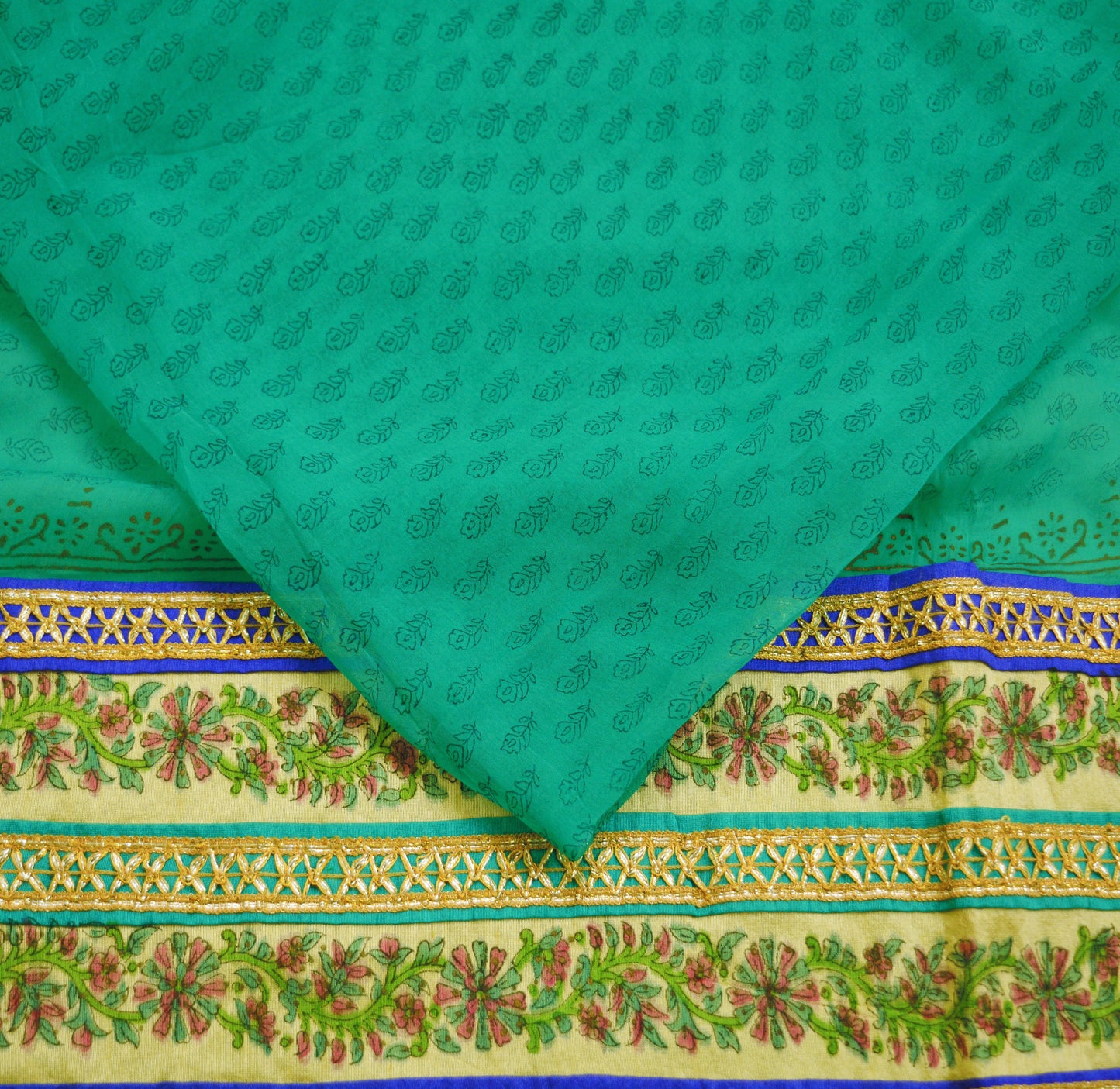 Indian Vintage SariGreen Pure Chiffon Silk Printed Gota Patti Sarees Fabric Indian Sari 6Yard Dress Making Sewing