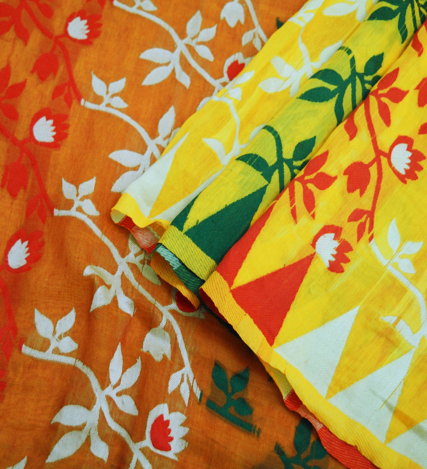 Indian Vintage Sari Red & Yellow Hand Woven saree Cotton Fabric 5Yard Floral Soft Golden Zari