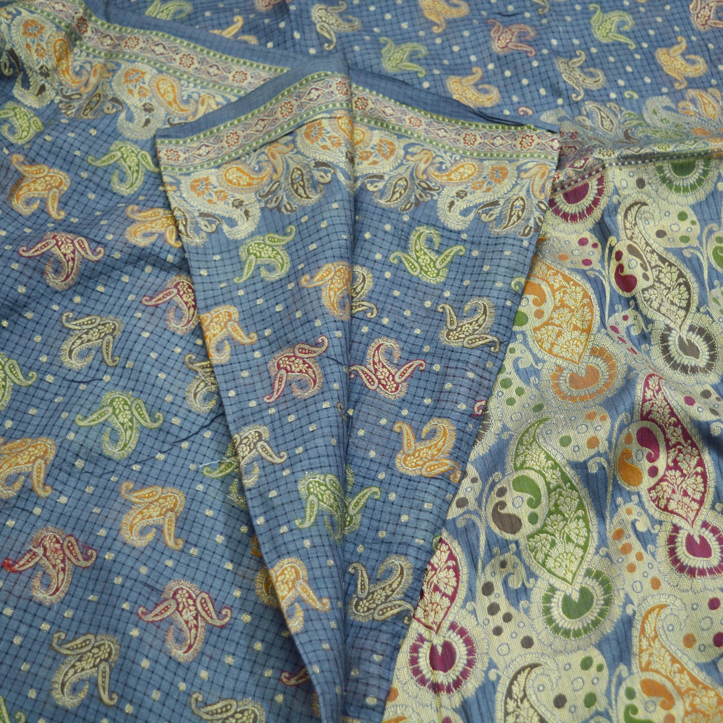 Indian Vintage Sari Gray Pure Tussar Silk Hand Woven Sarees Fabric 5Yard Sewing Ethnic