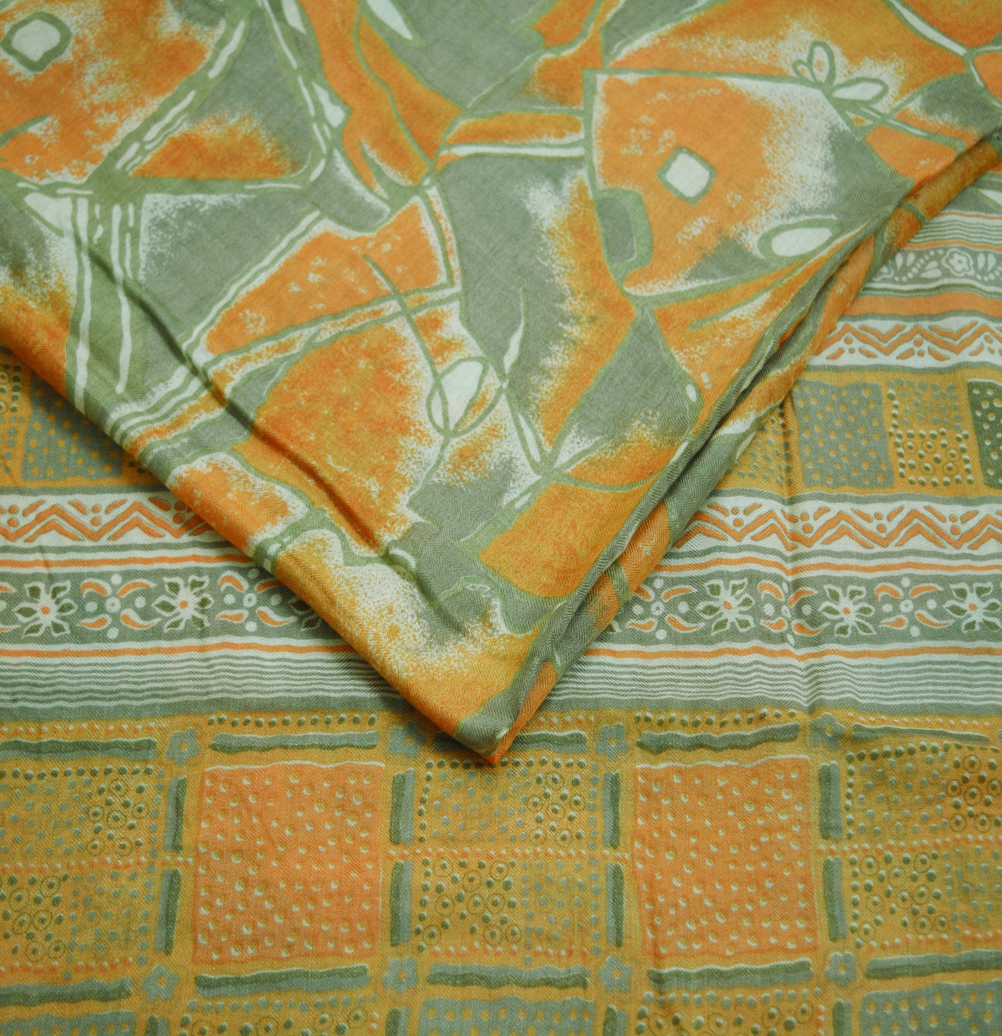 Vintage Green & Saffron Saree Woven Printed Pure Woolen Indian Sari Fabric 5Yard Indian Sari Soft Floral Warm