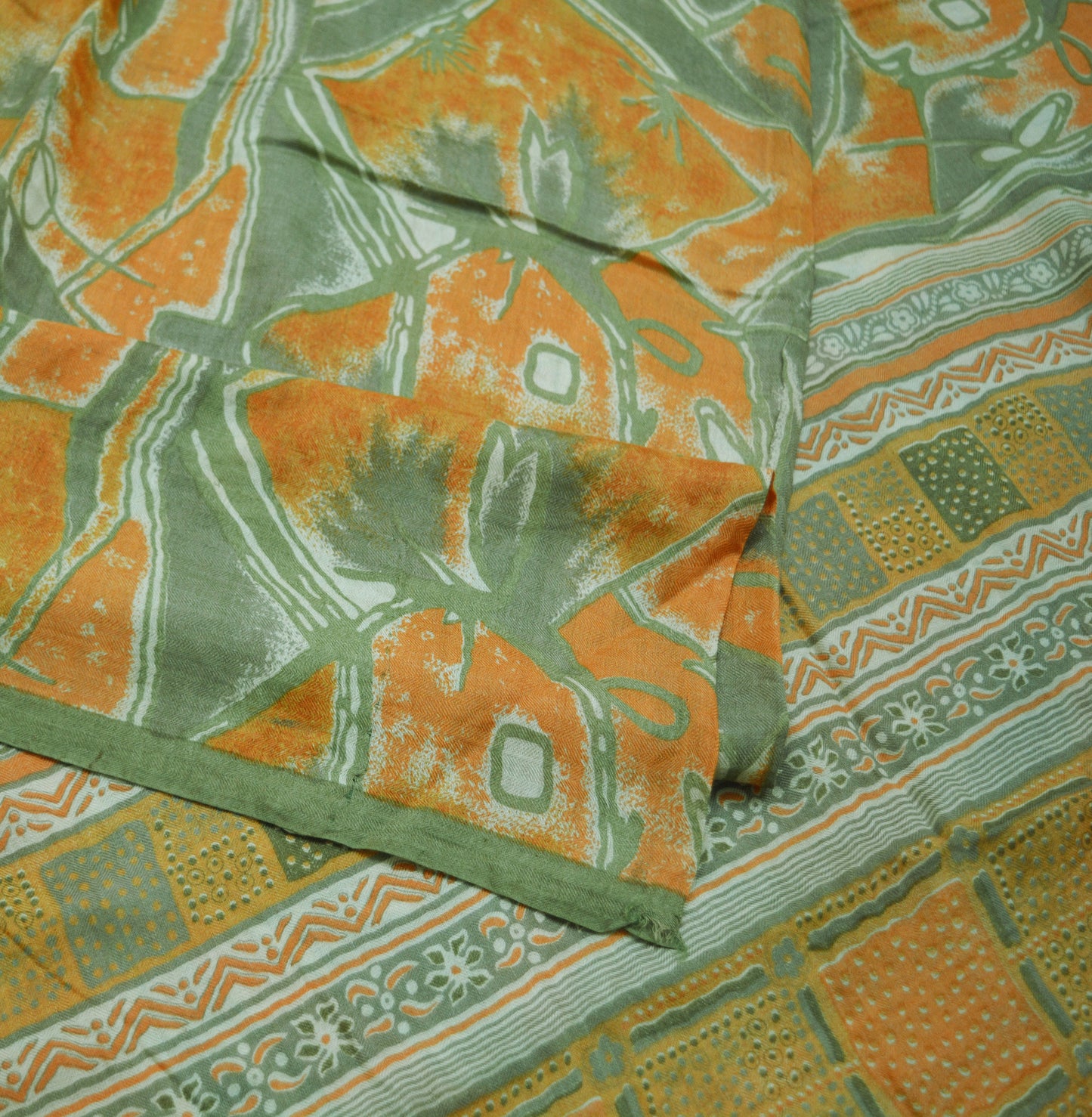 Vintage Green & Saffron Saree Woven Printed Pure Woolen Indian Sari Fabric 5Yard Indian Sari Soft Floral Warm